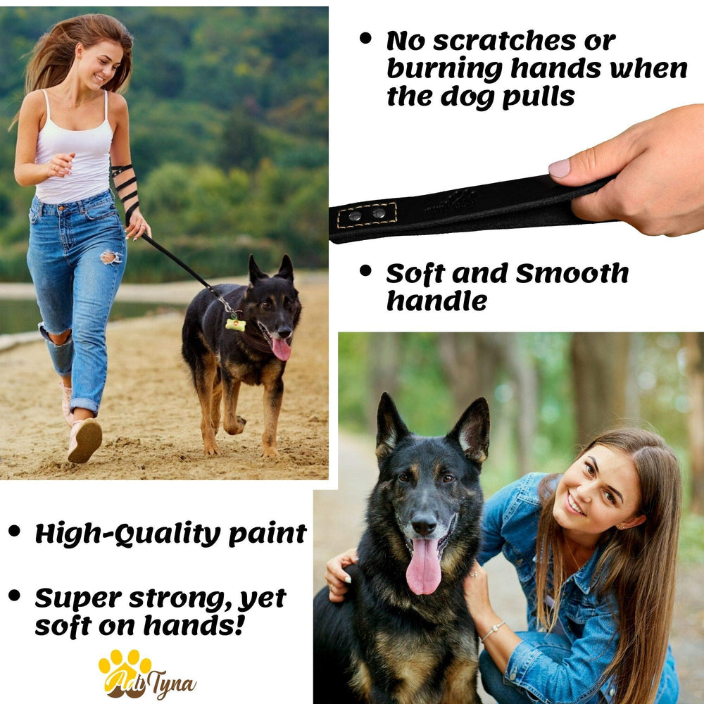 ADITYNA Leash hands closeup dual-hold demonstrates comfortable control when dog pulls.