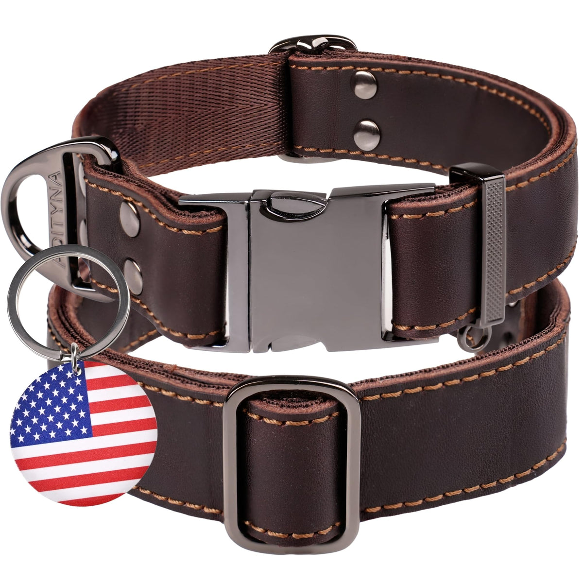 ADITYNA leather dog collar buckle closeup for secure daily walks