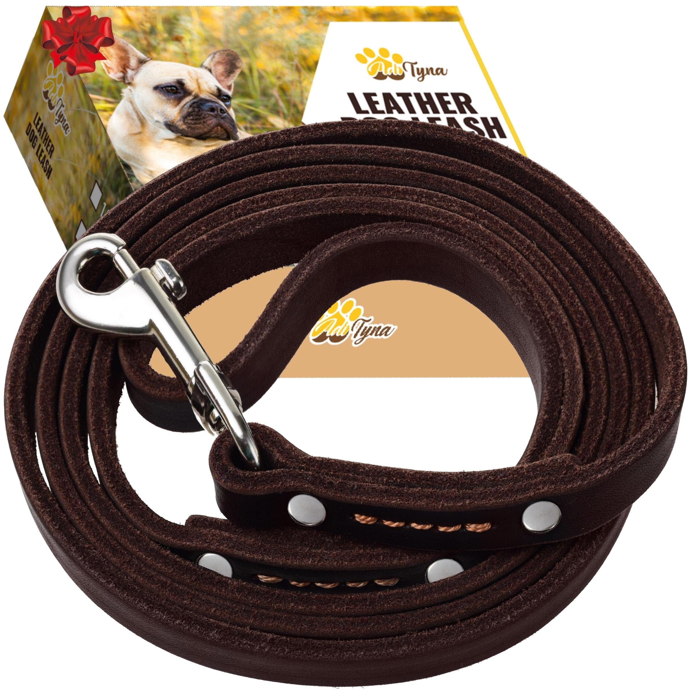 ADITYNA premium leather dog leash brown closeup shows durable stitching for long-lasting walks.
