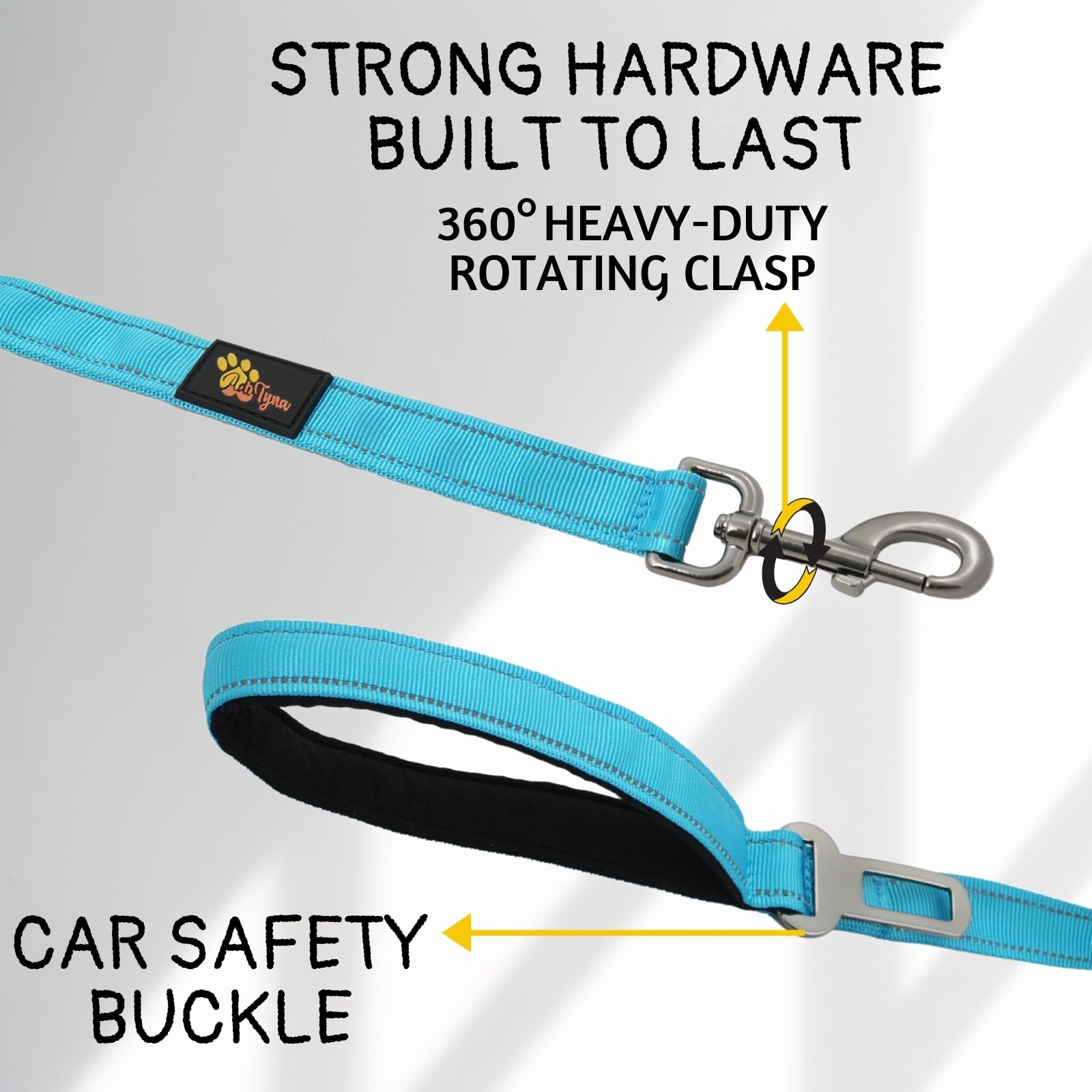 ADITYNA leash featuring car seatbelt clip for travel safety