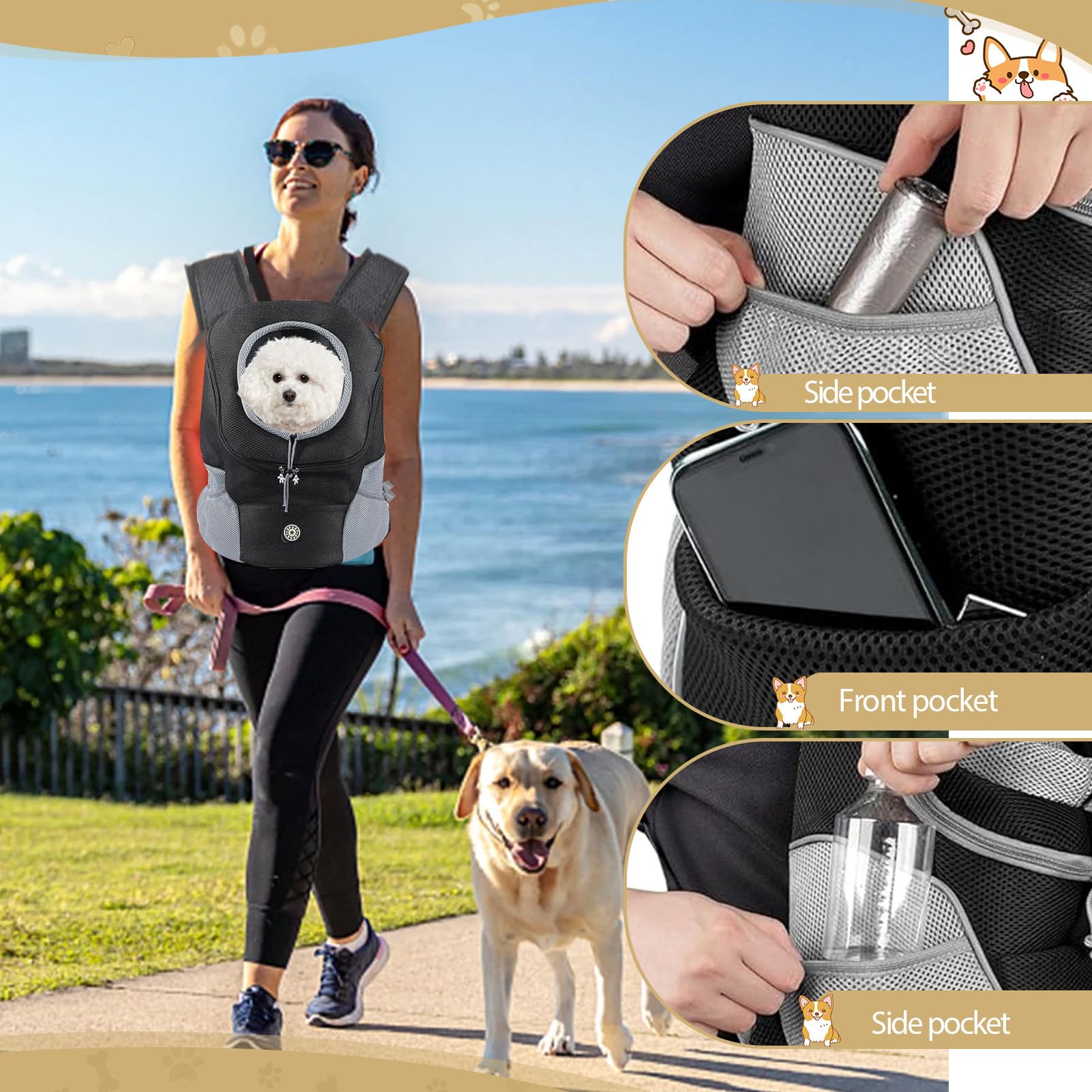 Adjustable dog backpack carrier back view with padded straps for even weight