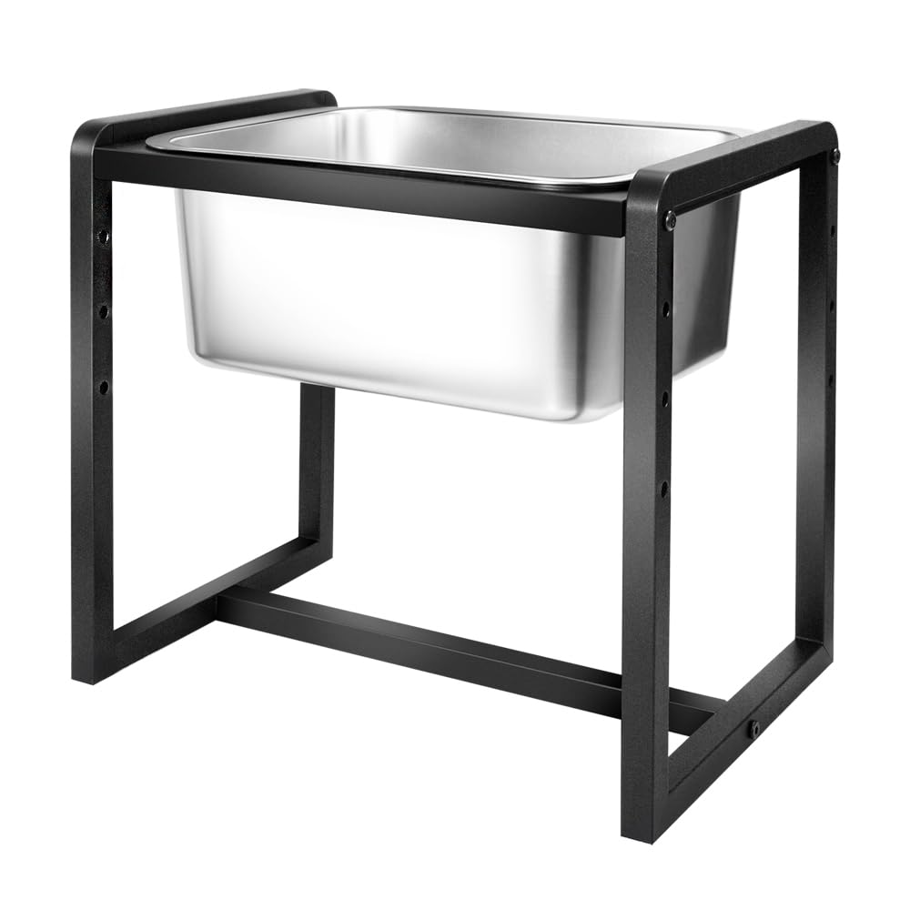 Adjustable Height Elevated Dog Water Bowl stand closeup highlights sturdy metal frame.