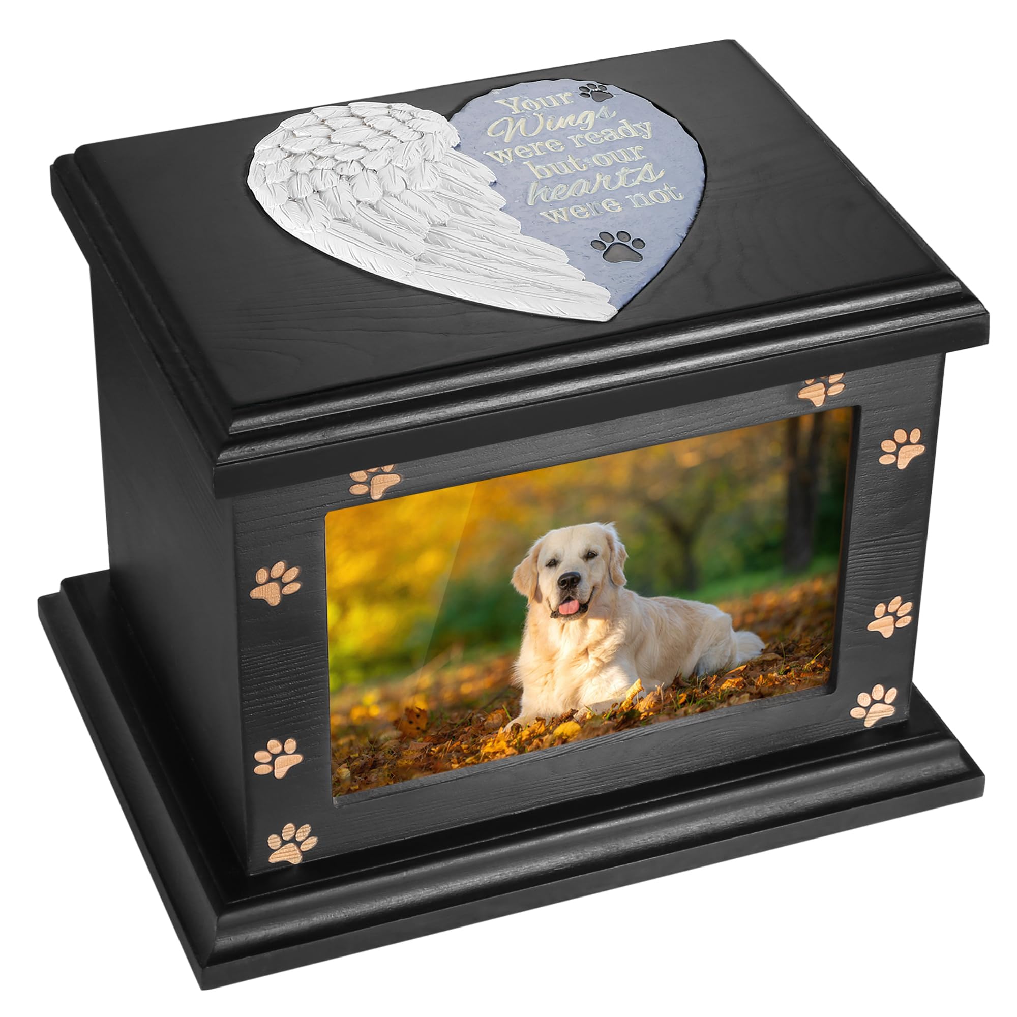 ADMLC pet memorial urn with large wooden frame for cherished photos.