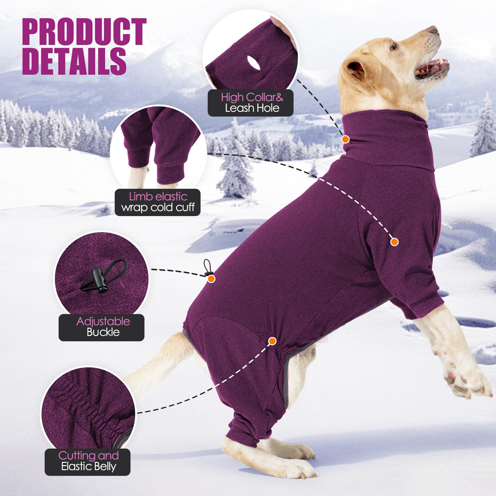 ADNIKIA dog winter coat side view highlights flexible fit and leg coverage.