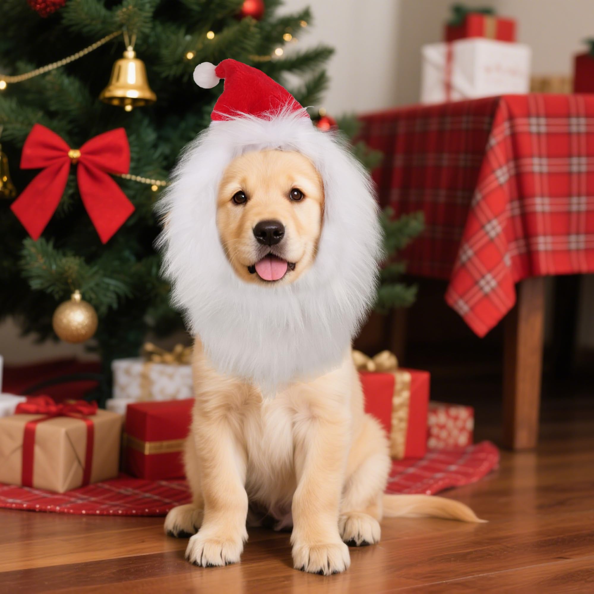 ADOGGYGO adjustable Santa hat highlights secure fit for dogs of all sizes.