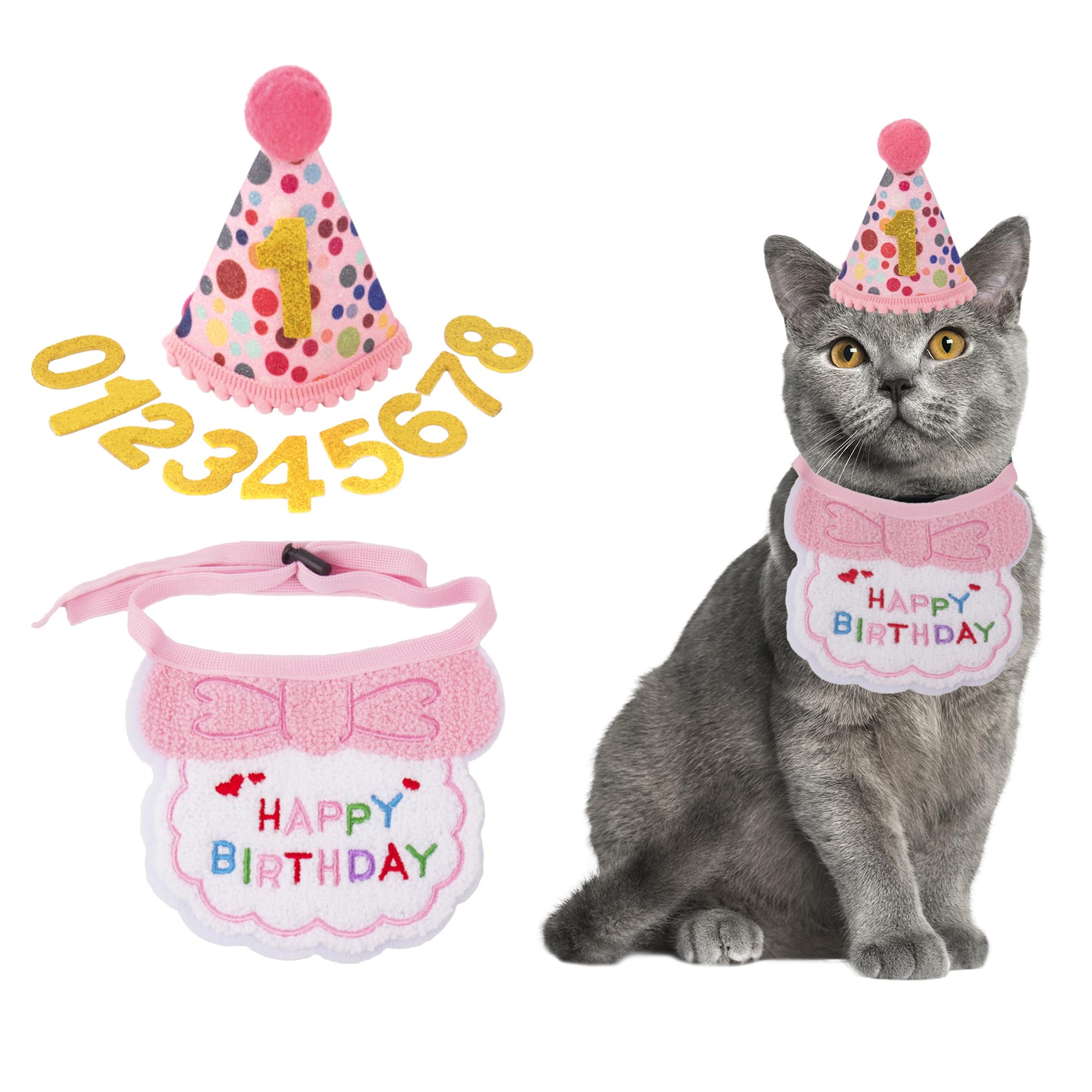 ADOGGYGO cat birthday hat with dot pattern, durable fabric for festive photos.
