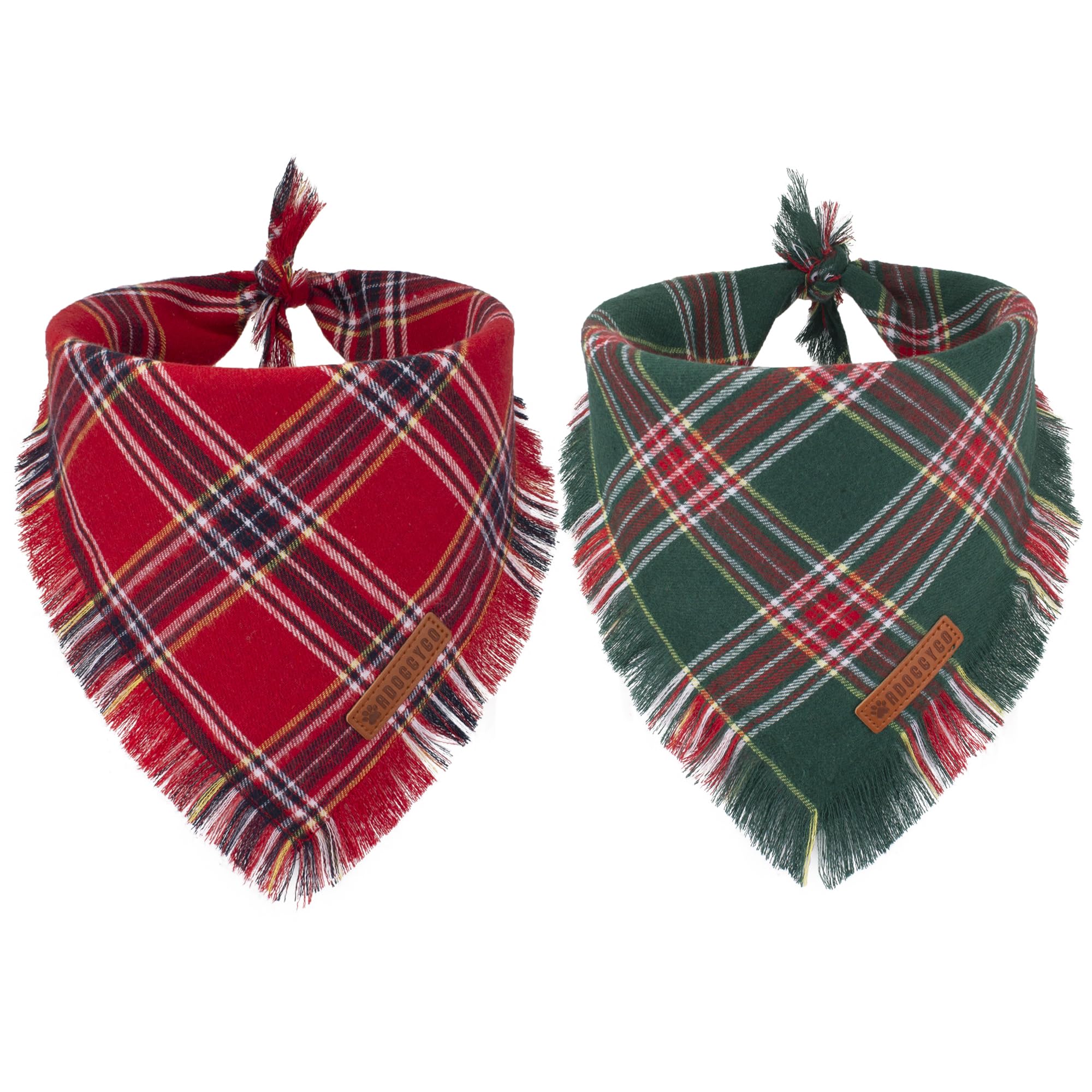 ADOGGYGO Christmas bandana in red plaid tassels worn for festive photos.