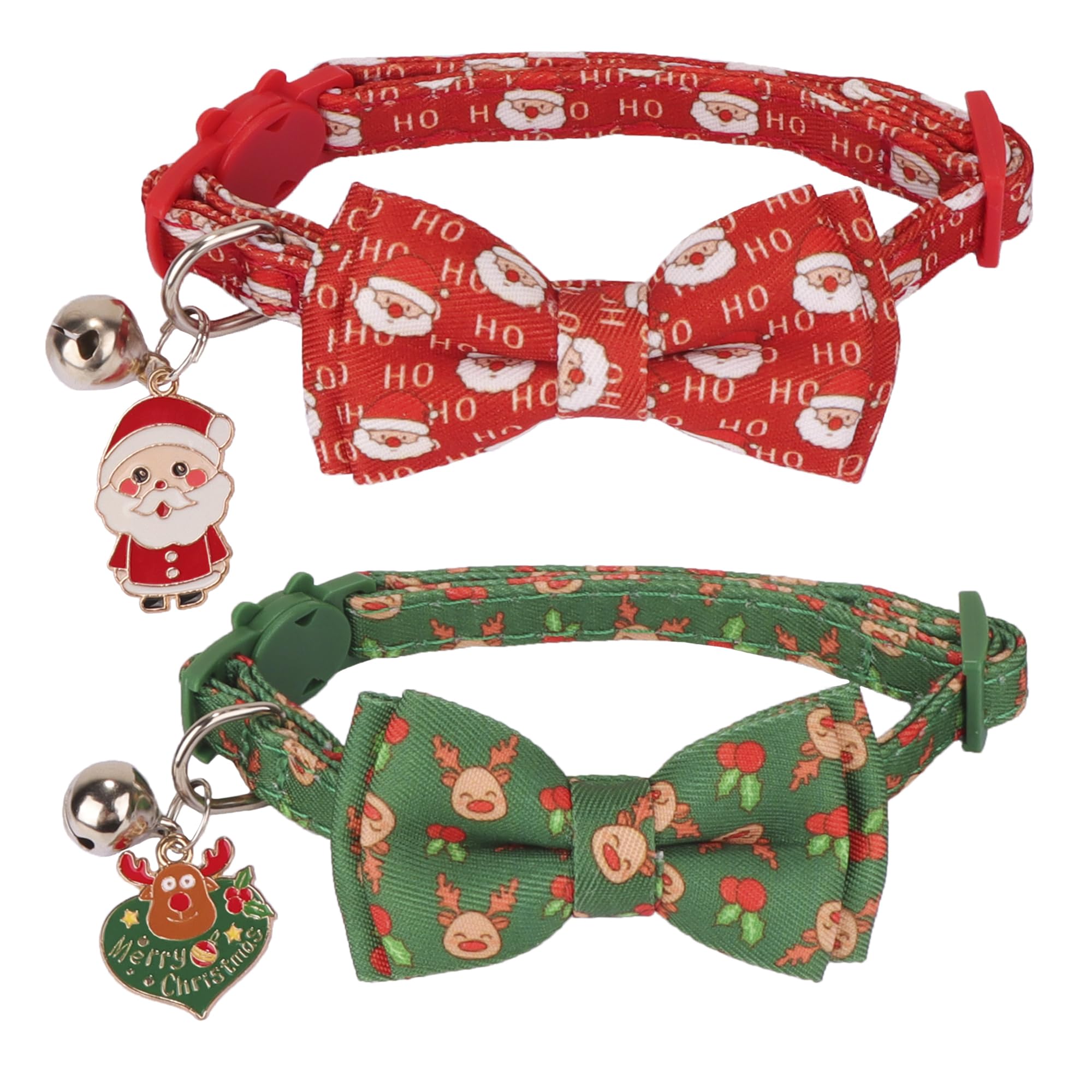 ADOGGYGO Christmas cat collar with red Santa pattern, ideal for cute holiday photos and bright visibility.