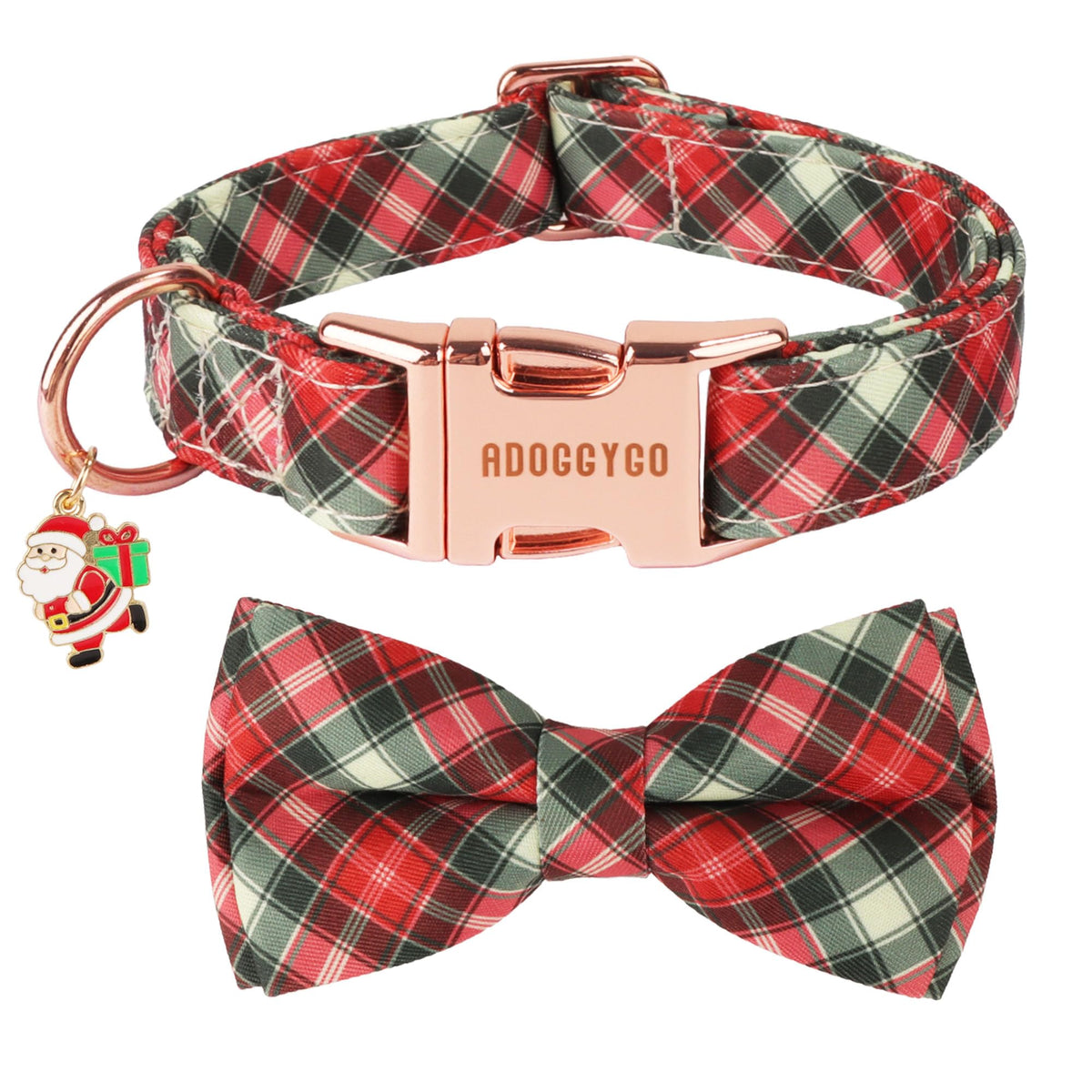 ADOGGYGO Christmas collar with bow highlights festive plaid for holiday photos