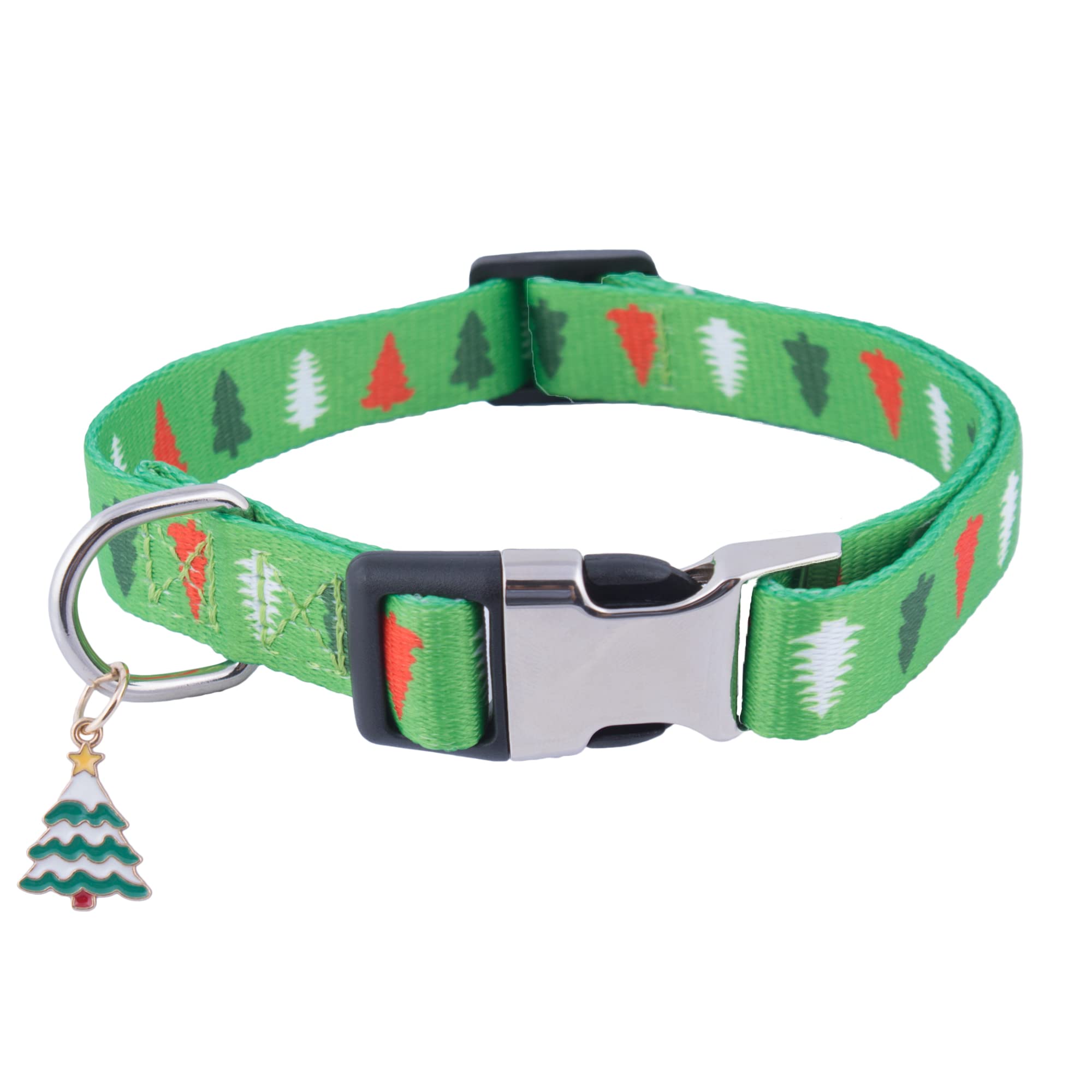 ADOGGYGO Christmas dog collar in green tree pattern for festive walks.