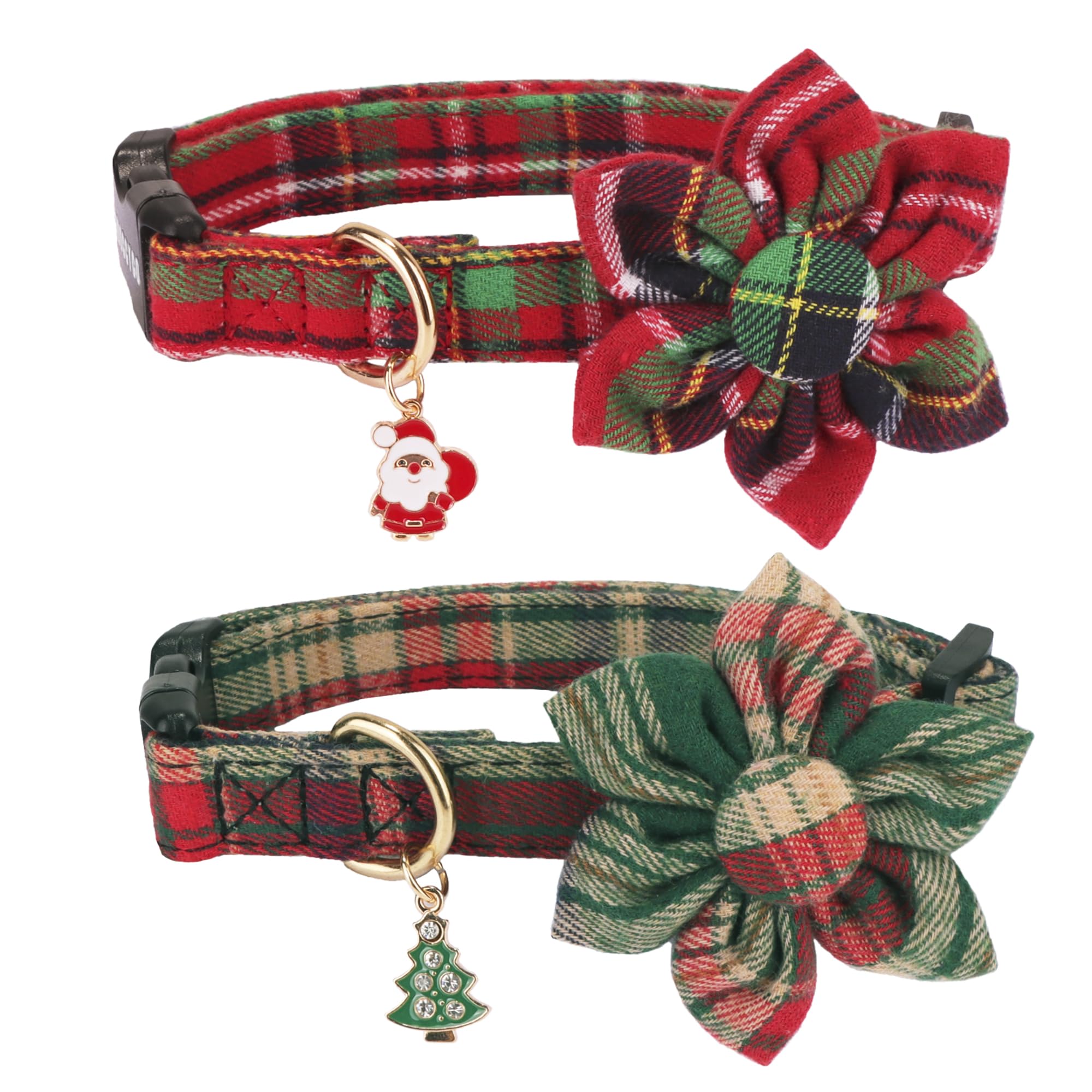 ADOGGYGO Christmas dog collar with red plaid and floral accent for festive photos.