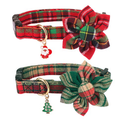 ADOGGYGO Christmas dog collar with red plaid and floral accent for festive photos.