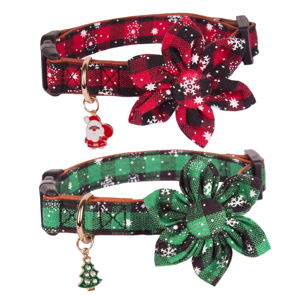 ADOGGYGO Christmas dog collar with removable flower and plaid pattern for festive photos
