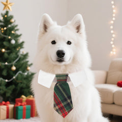 ADOGGYGO Christmas dog necktie closeup highlights soft cotton material and plaid texture.
