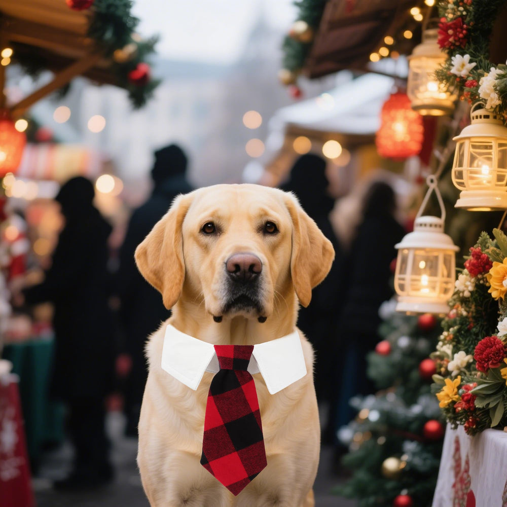 ADOGGYGO Christmas dog necktie worn on dog model demonstrates easy wear and seasonal charm.