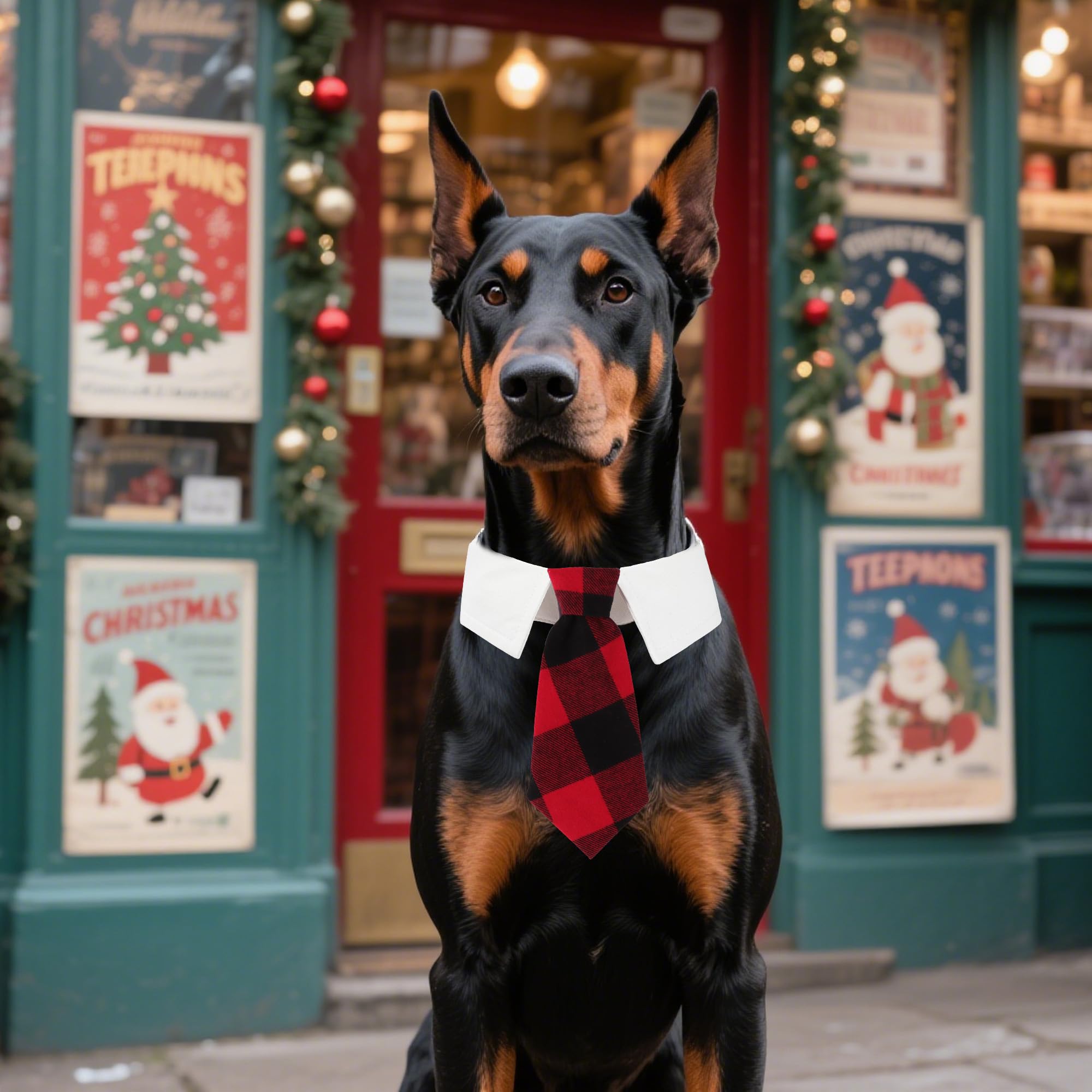 ADOGGYGO Christmas dog necktie plaid detail showcases red plaid fabric and tuxedo vibe.