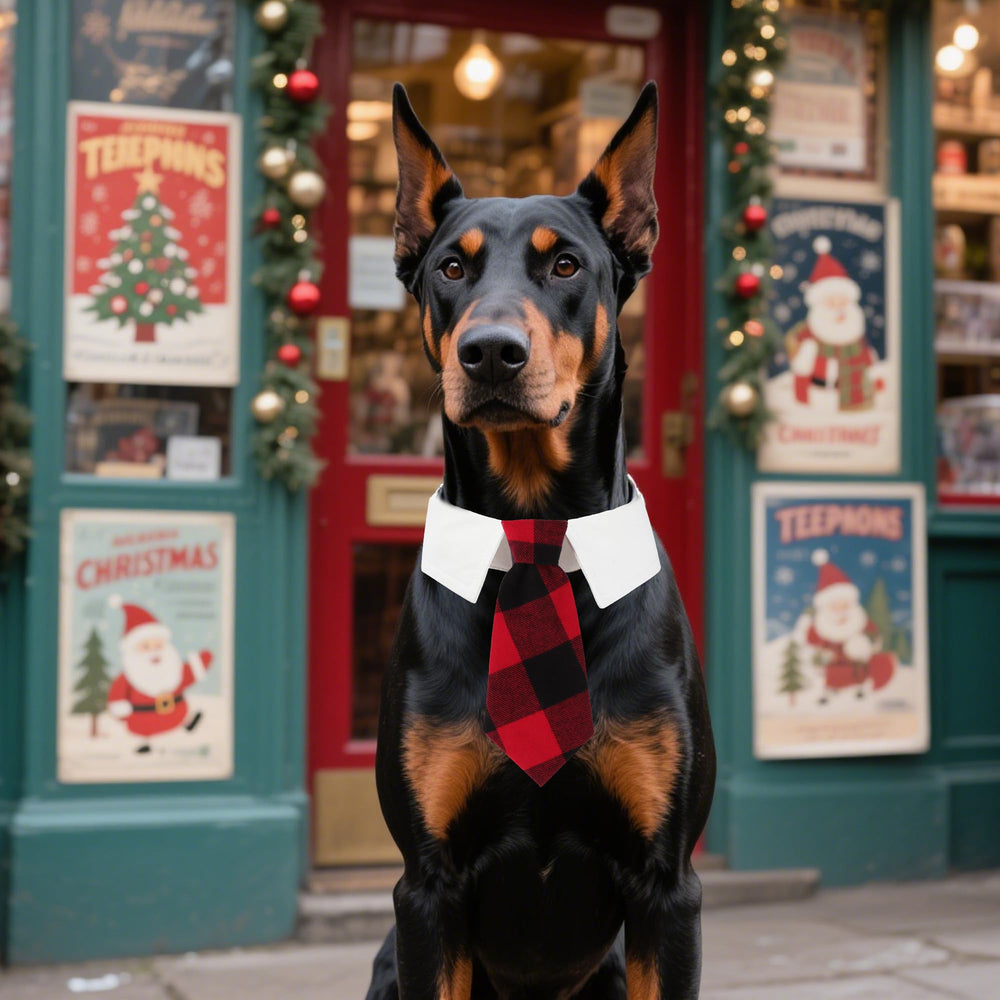 ADOGGYGO Christmas dog necktie plaid detail showcases red plaid fabric and tuxedo vibe.