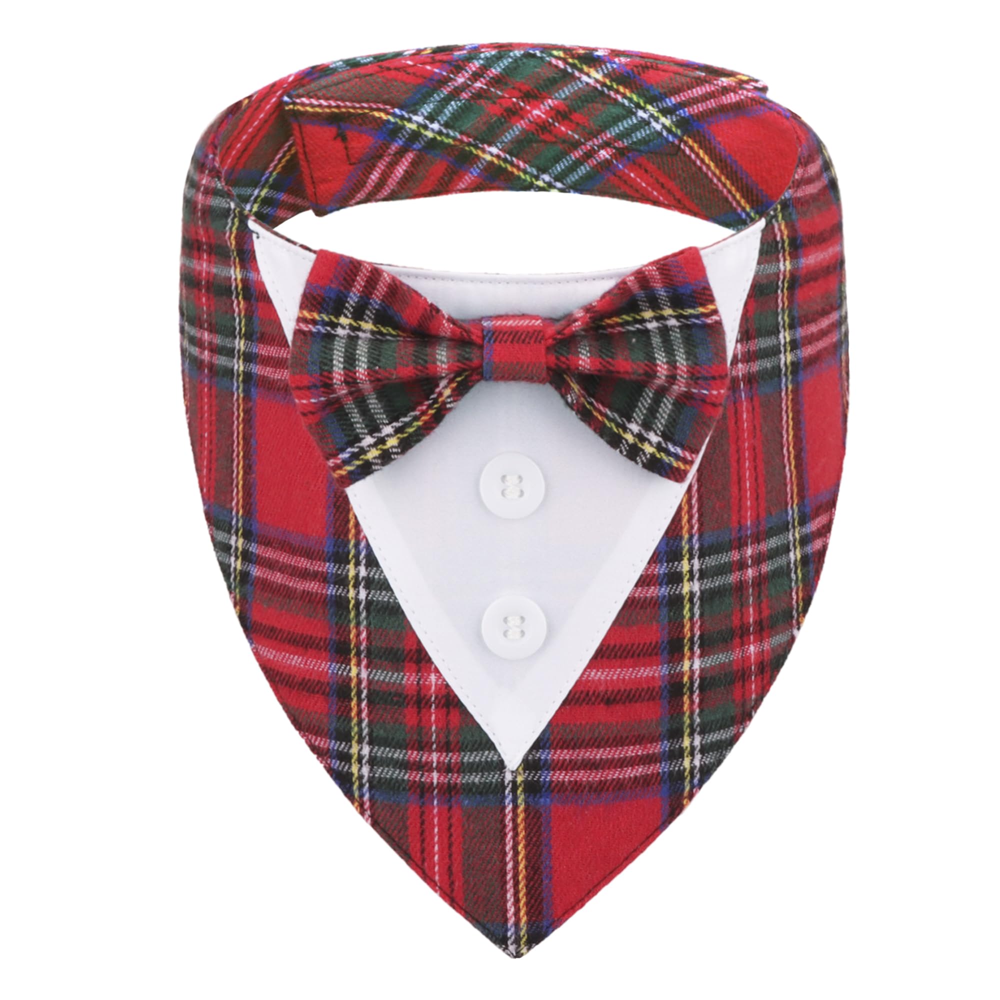 ADOGGYGO Christmas dog tuxedo bandana, front view, ideal for festive photo ops and holiday gatherings.