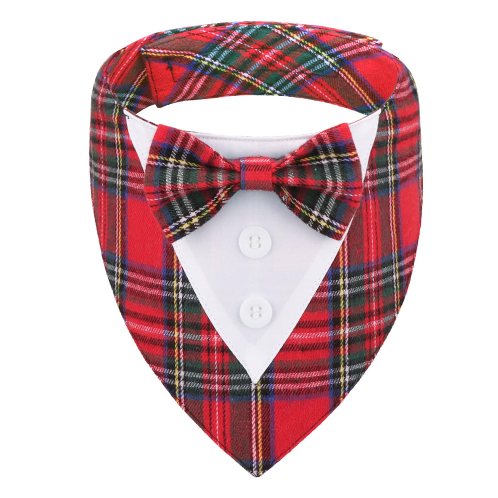 ADOGGYGO Christmas dog tuxedo bandana, front view, ideal for festive photo ops and holiday gatherings.