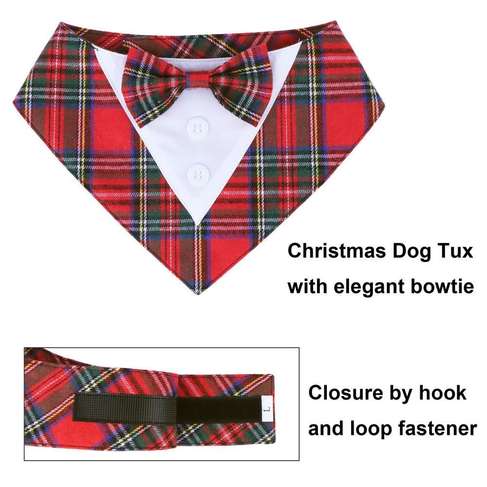 ADOGGYGO Christmas dog tuxedo bandana red plaid pattern, adds seasonal charm to your pet’s look.