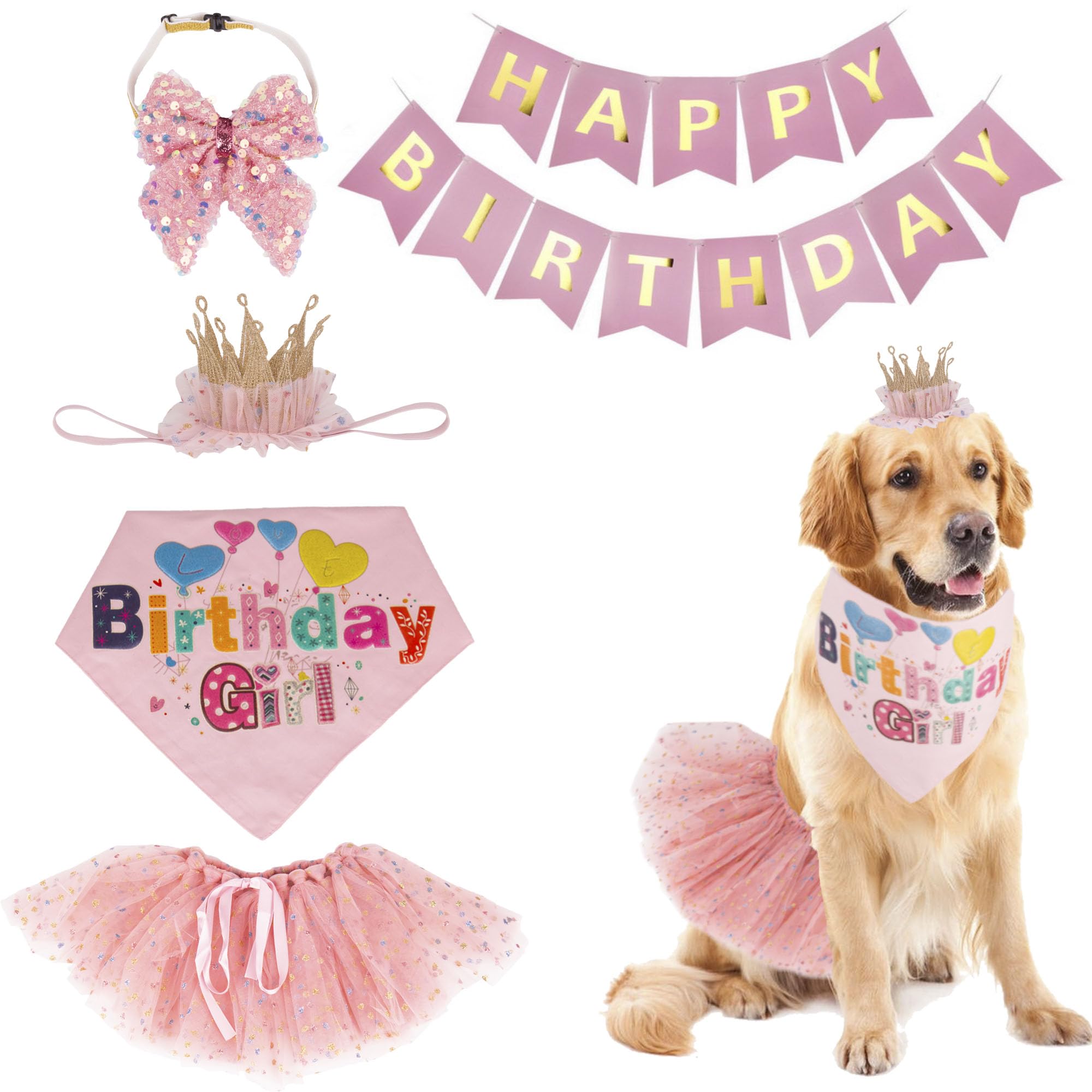 ADOGGYGO dog birthday hat bandana pink tutu set for festive party photos.