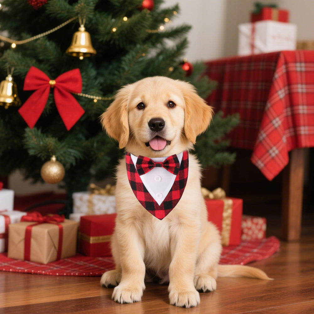 ADOGGYGO red plaid bowtie close up highlights comfortable fabric for pets.
