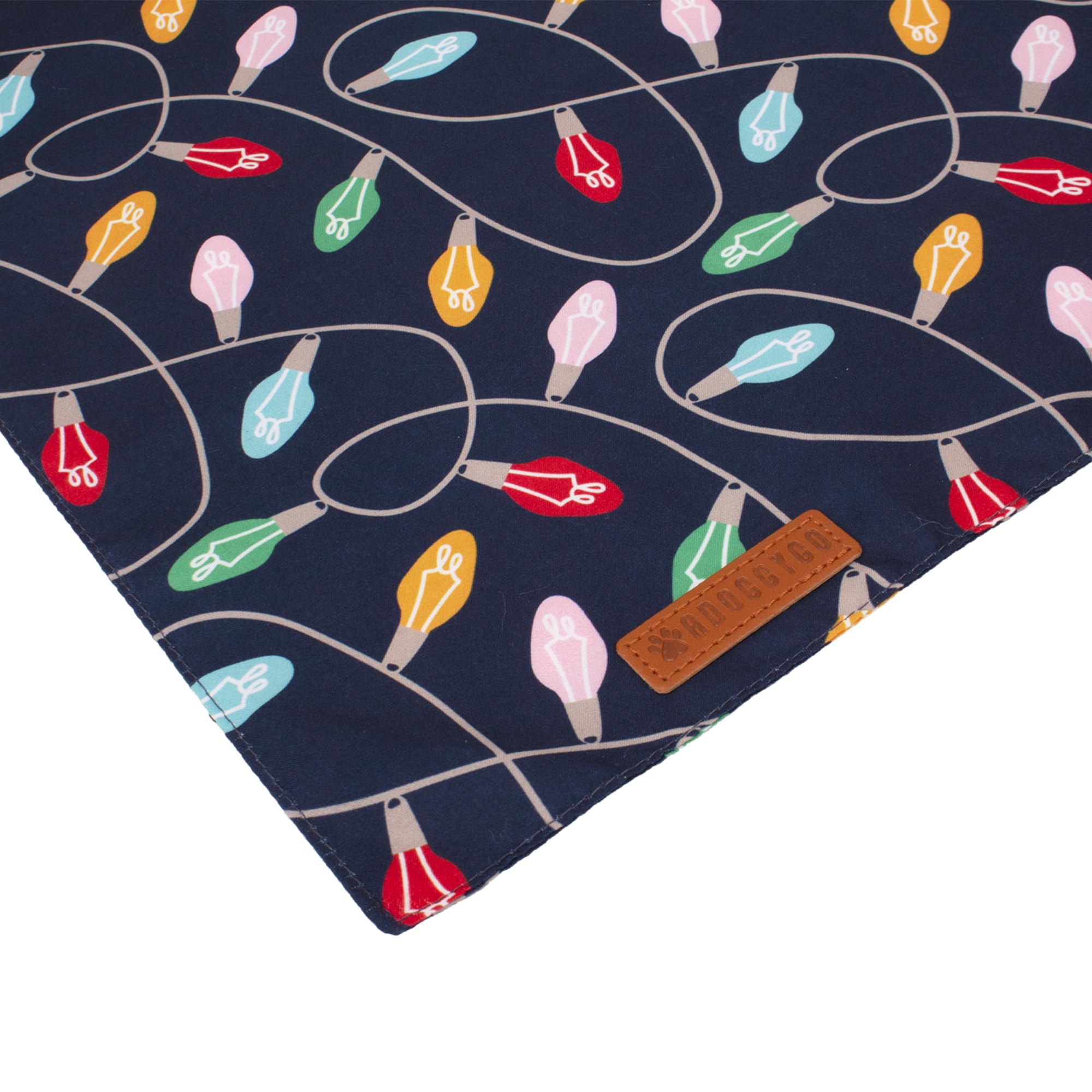 ADOGGYGO navy-red snowflake bandana worn during cozy home photo shoot.