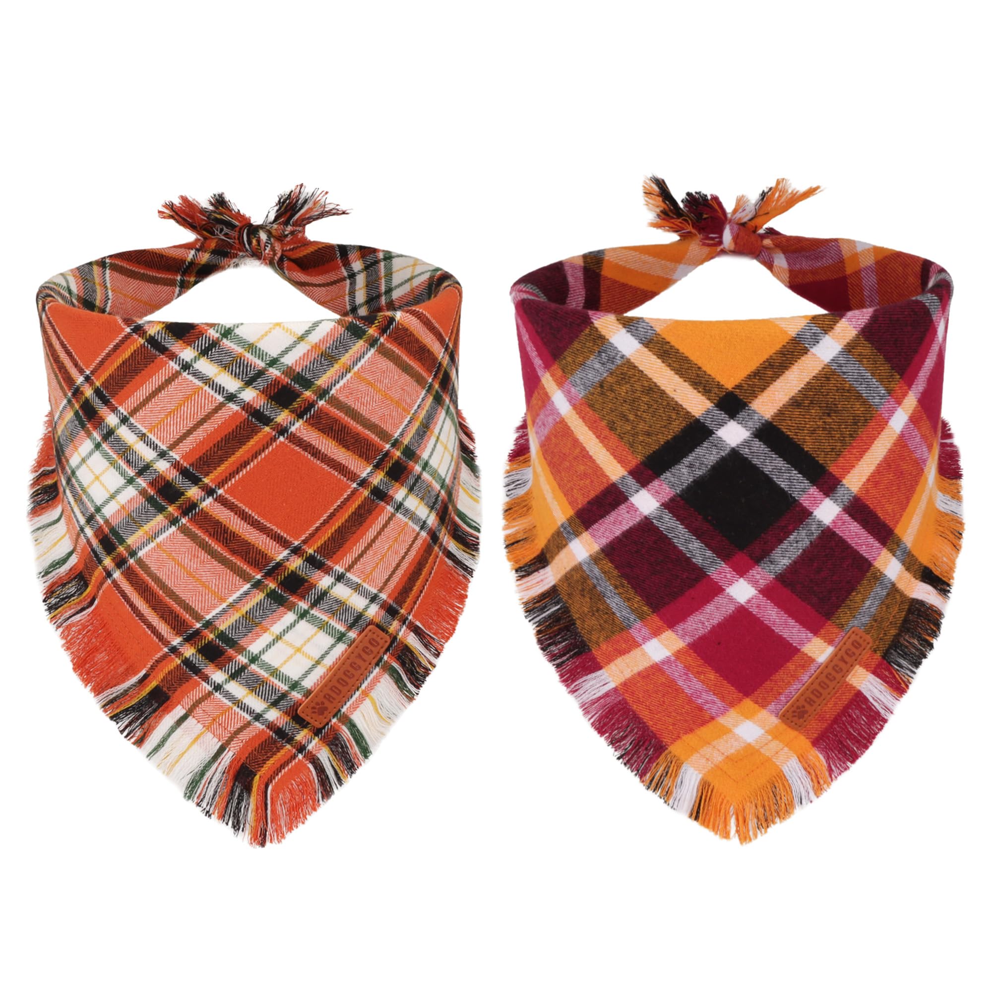 ADOGGYGO fall bandana orange plaid tassels close-up, festive style for photoshoots