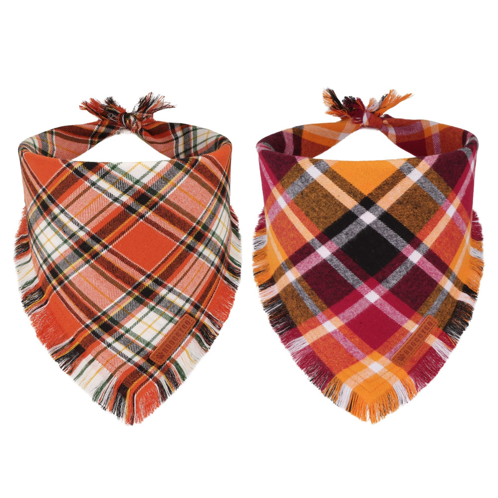ADOGGYGO fall bandana orange plaid tassels close-up, festive style for photoshoots