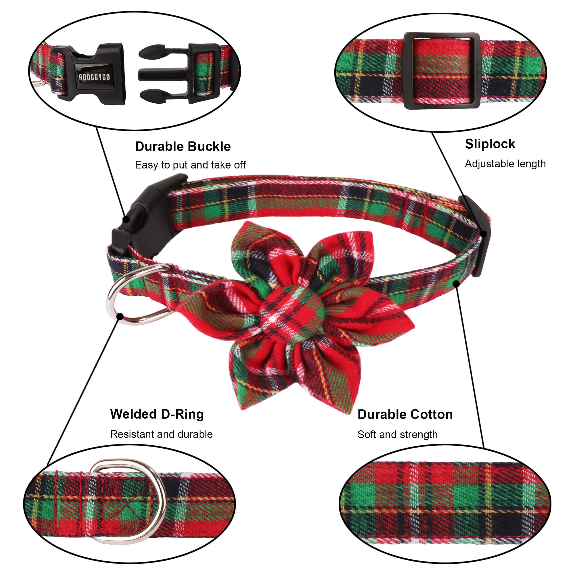 ADOGGYGO packaging image shows gift-ready collar in plaid design for holidays.