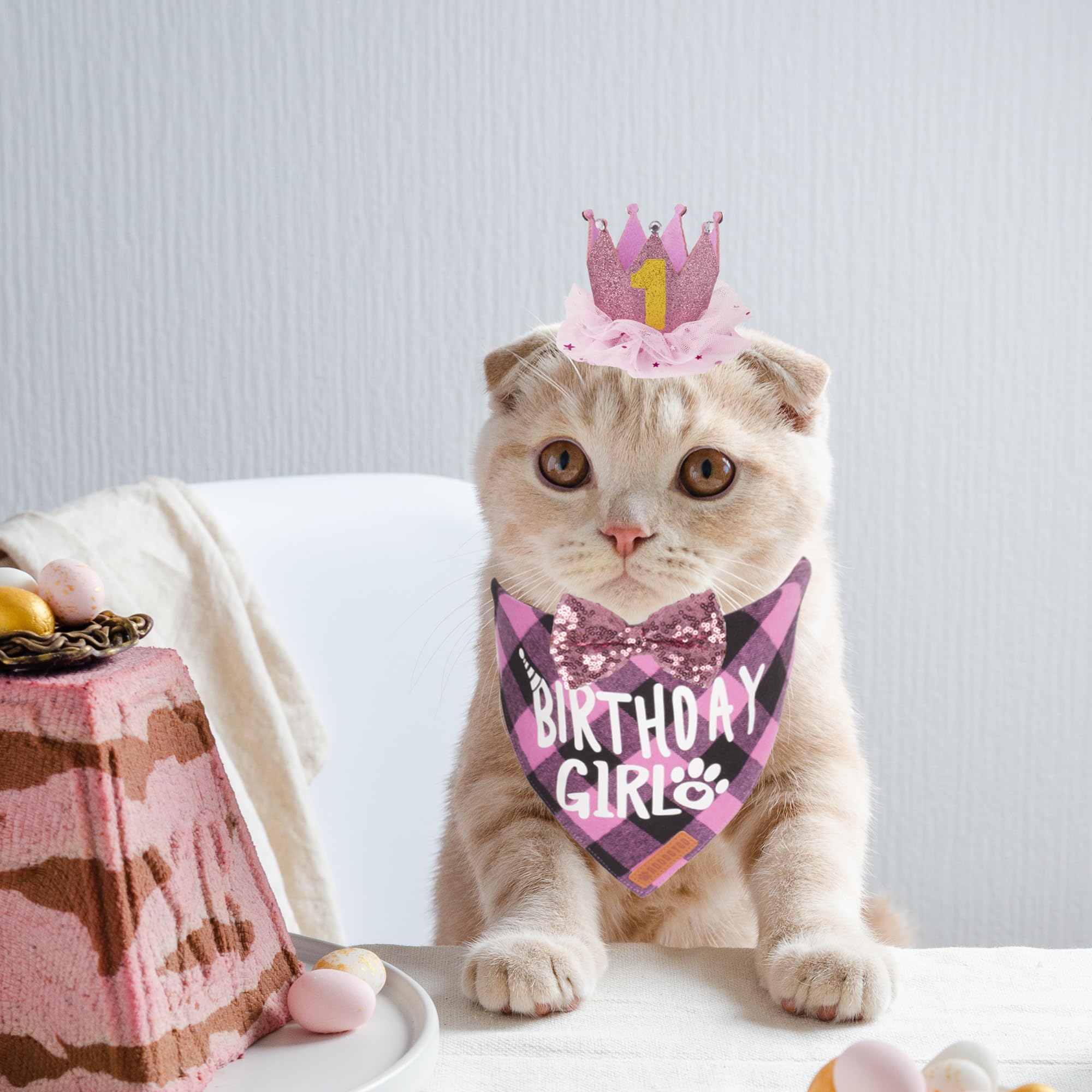 ADOGGYGO pink cat bowtie with rhinestones, adds sparkle to pet birthday outfit.