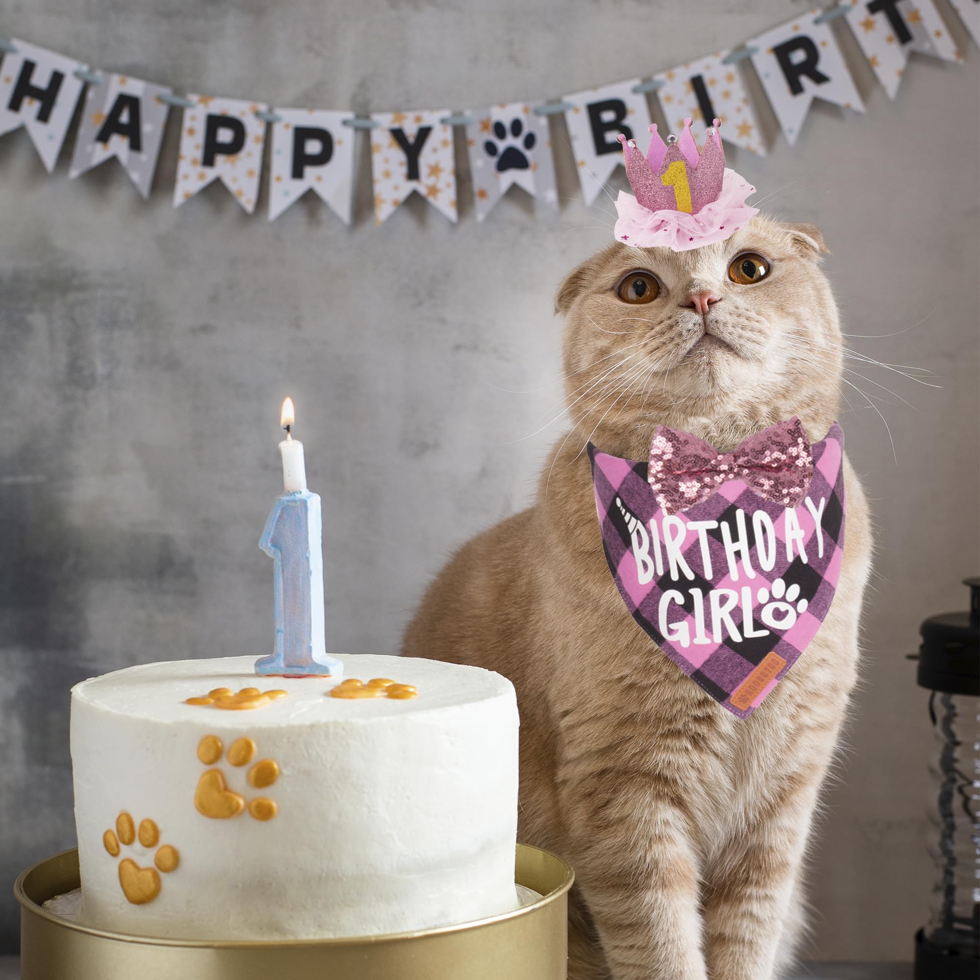 ADOGGYGO pink plaid cat bandana, comfortable double-layer cotton for stylish birthday photos.