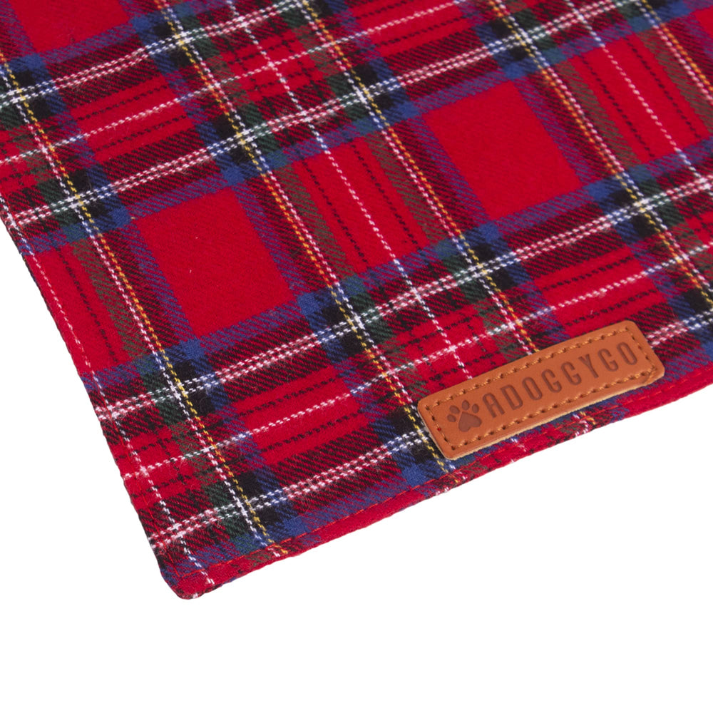 ADOGGYGO plaid dog scarf during holiday photoshoot for festive charm