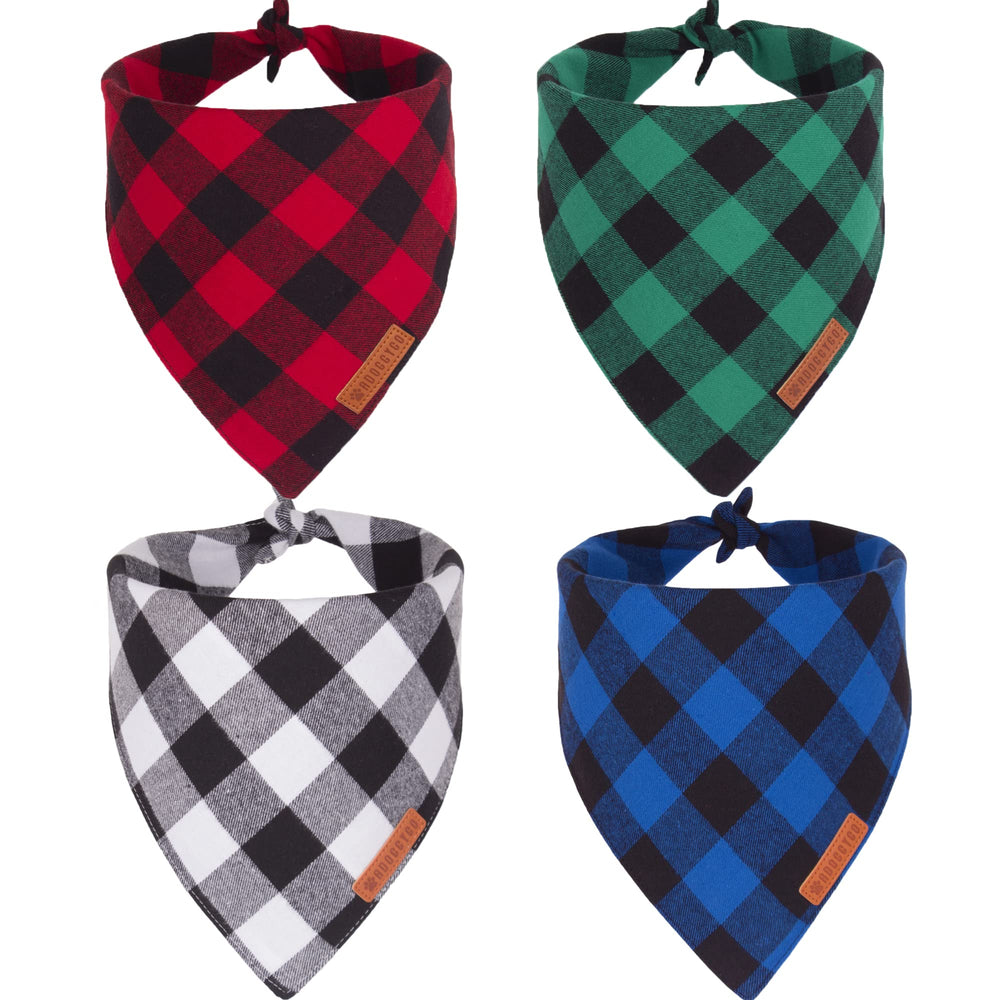 ADOGGYGO red plaid dog bandana enhances festive style for holiday photos.