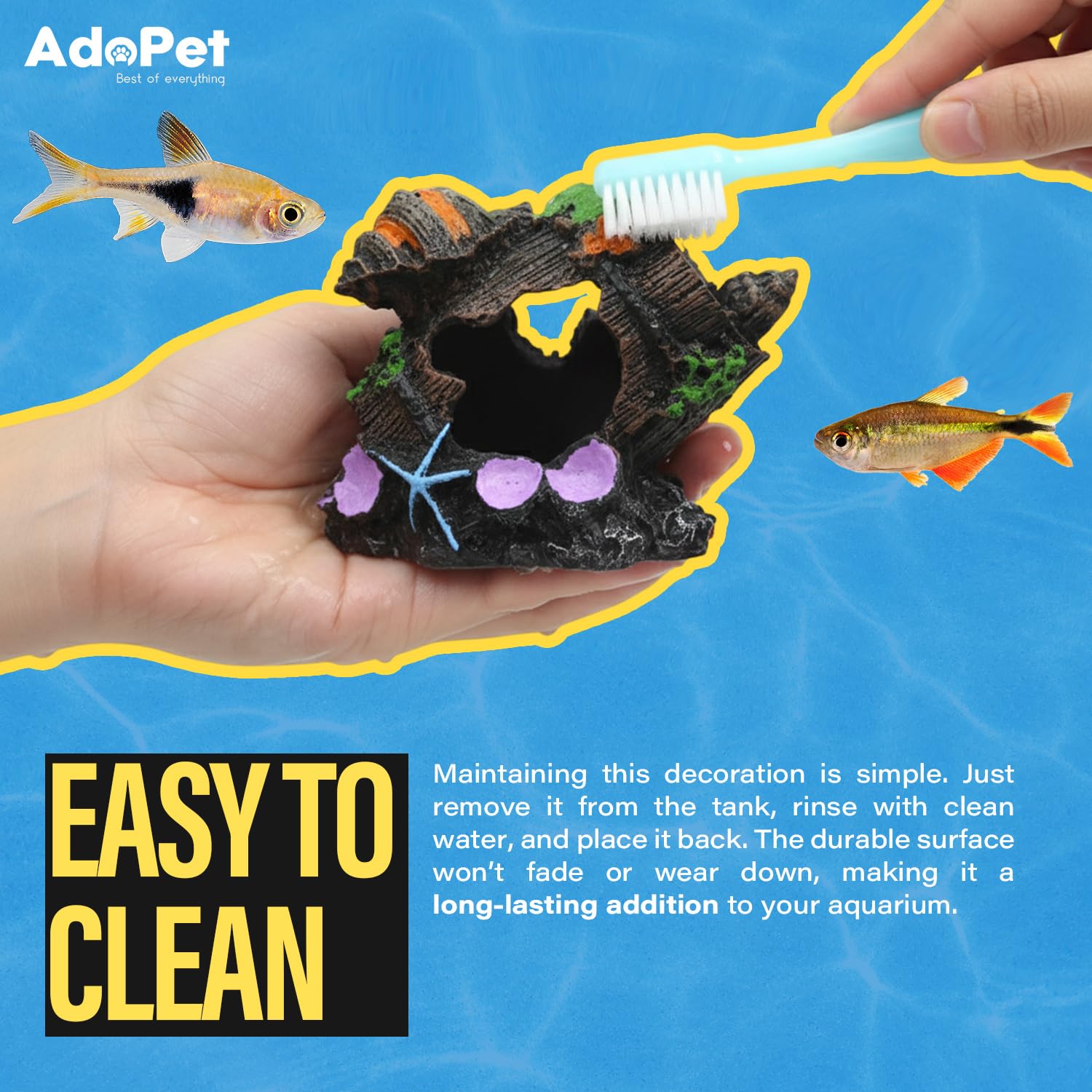 AdoPet oak barrel ornament easy-clean design simplifies tank maintenance.