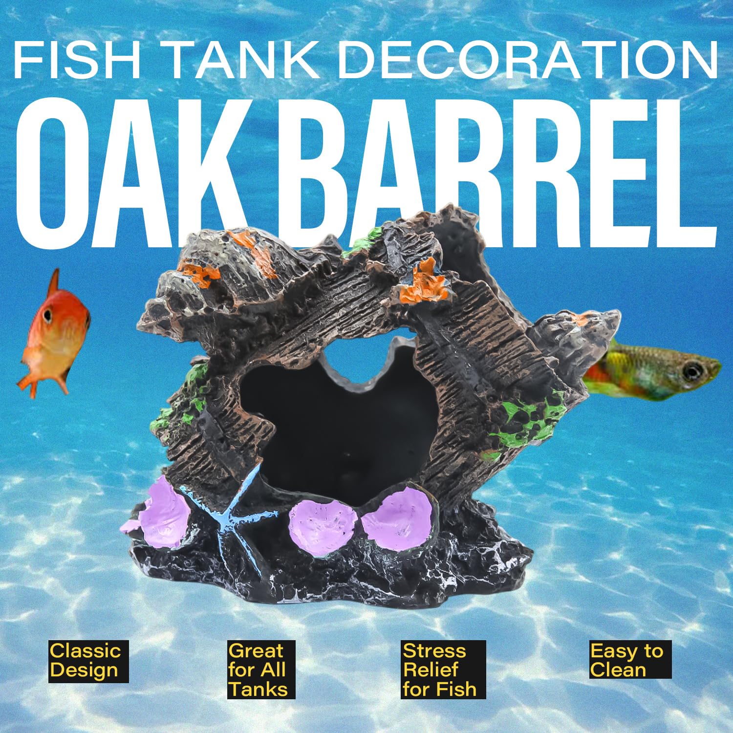AdoPet oak barrel ornament inside hiding spots supports fish security during active play.