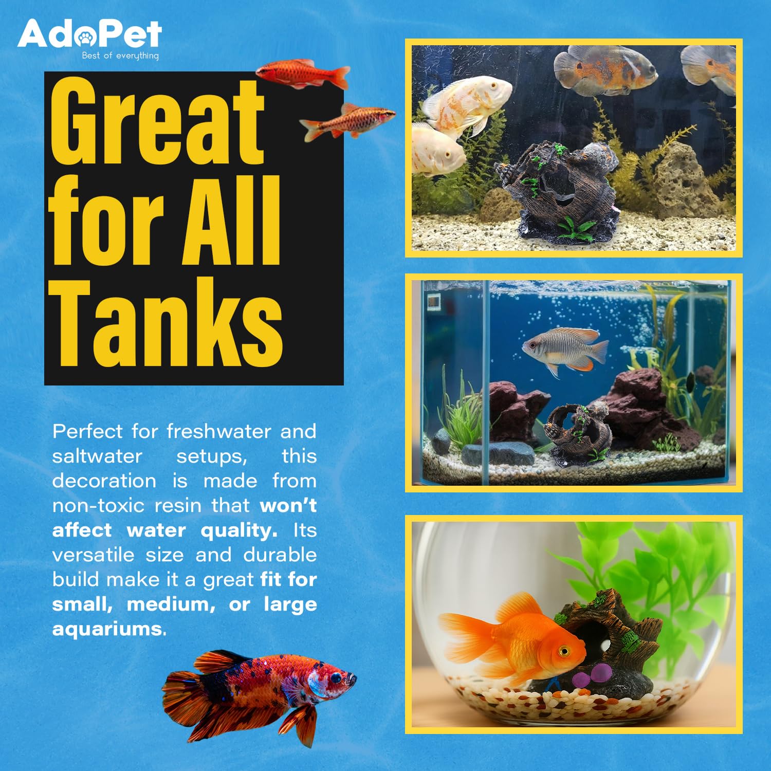 AdoPet oak barrel ornament weathered wood detail adds a natural underwater landscape.