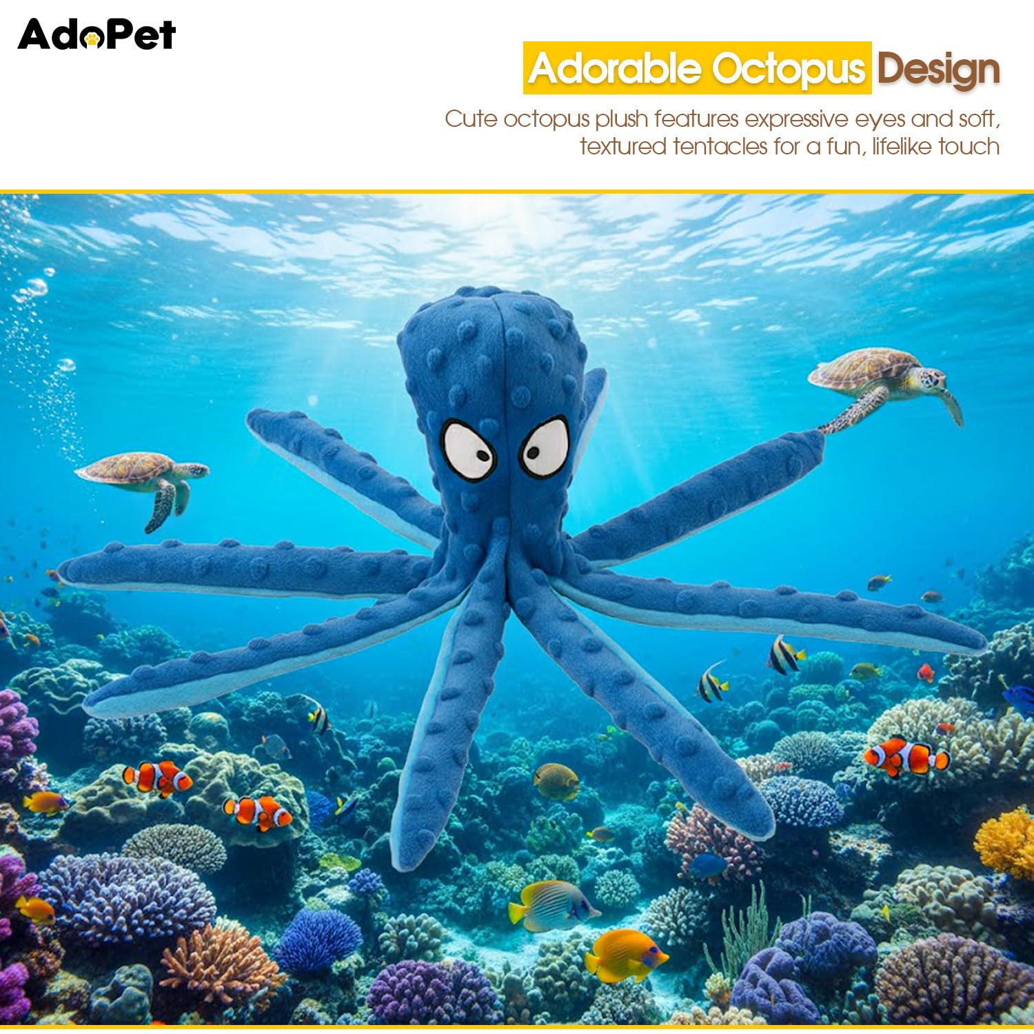AdoPet Squeaky Octopus Toy blue close-up eyes highlighting soft plush texture.