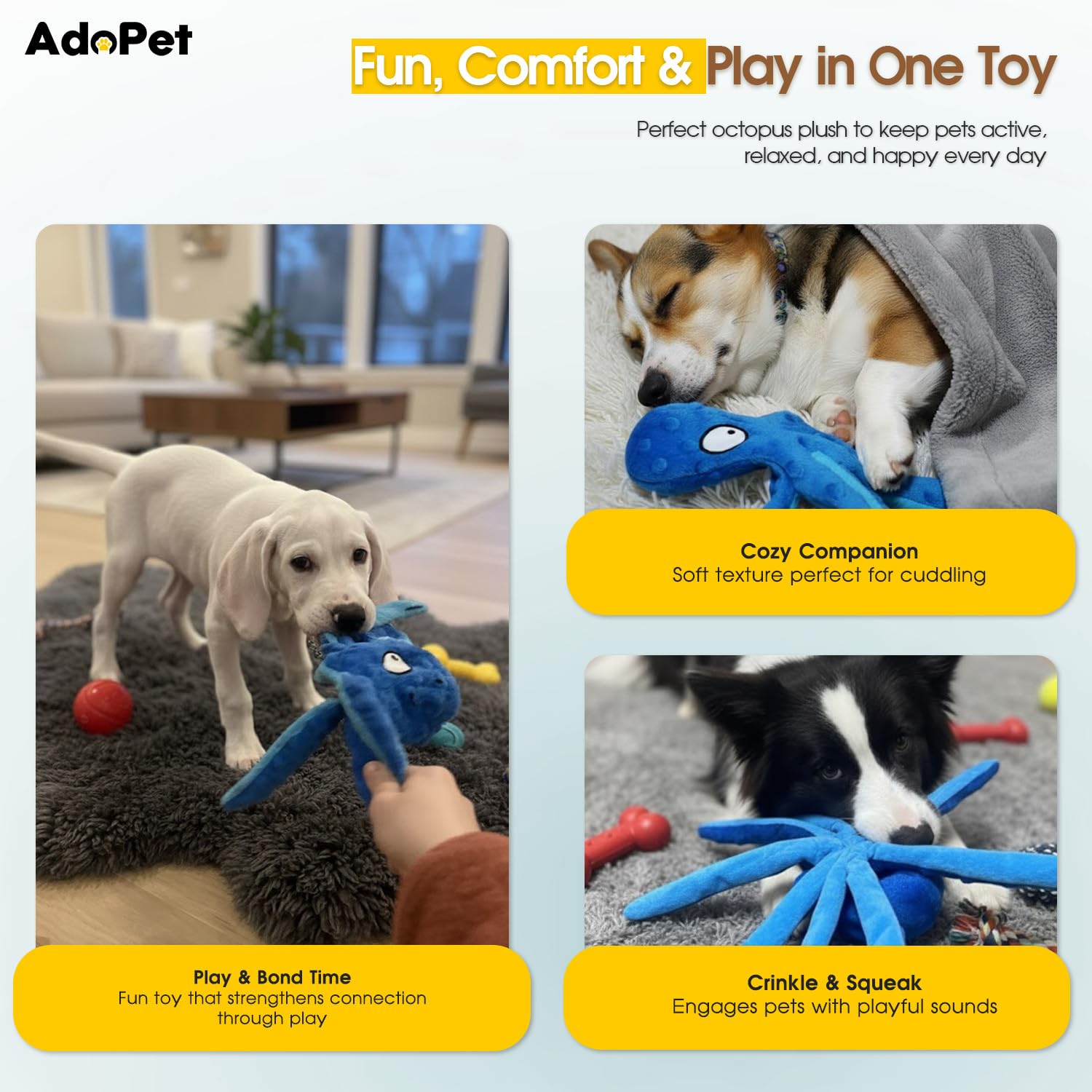 AdoPet Squeaky Octopus Toy blue crinkle tentacles inviting curious dogs to explore.