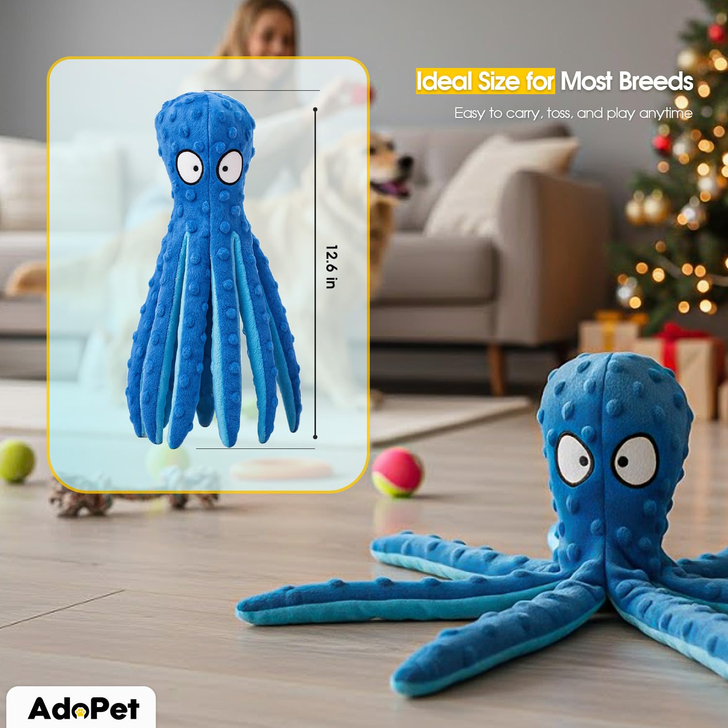 AdoPet Squeaky Octopus Toy pink close-up eyes highlighting soft plush texture.