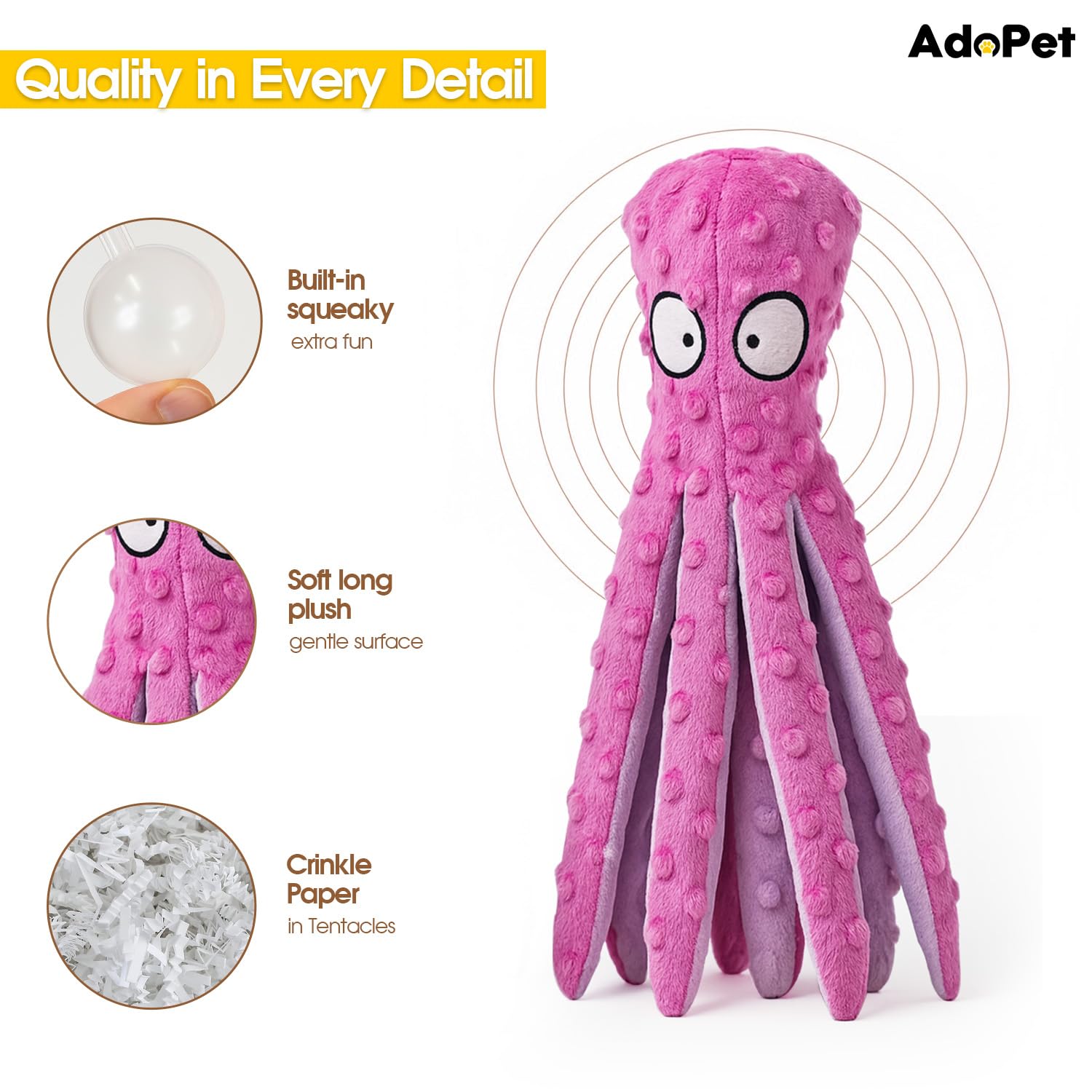 AdoPet Squeaky Octopus Toy pink front view ideal for cuddly play.