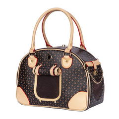 Adriene's Choice luxury pet carrier exterior shows waterproof PU leather for stylish travel.