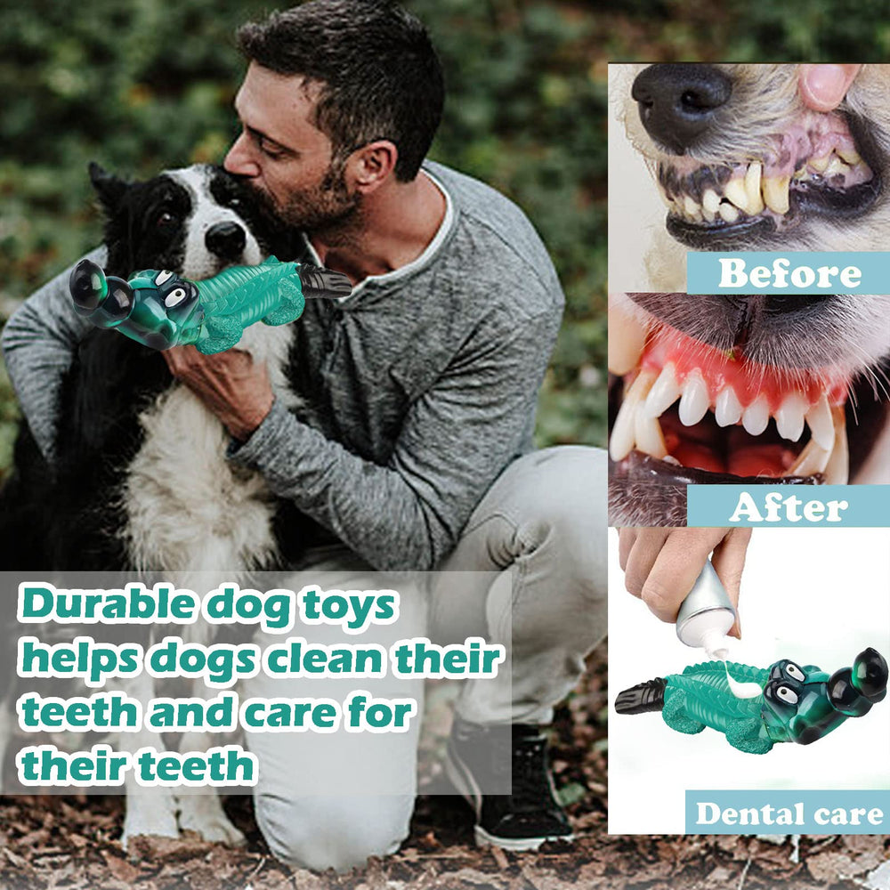 ADSDIA blue alligator dog toy shown in action for robust chew sessions.