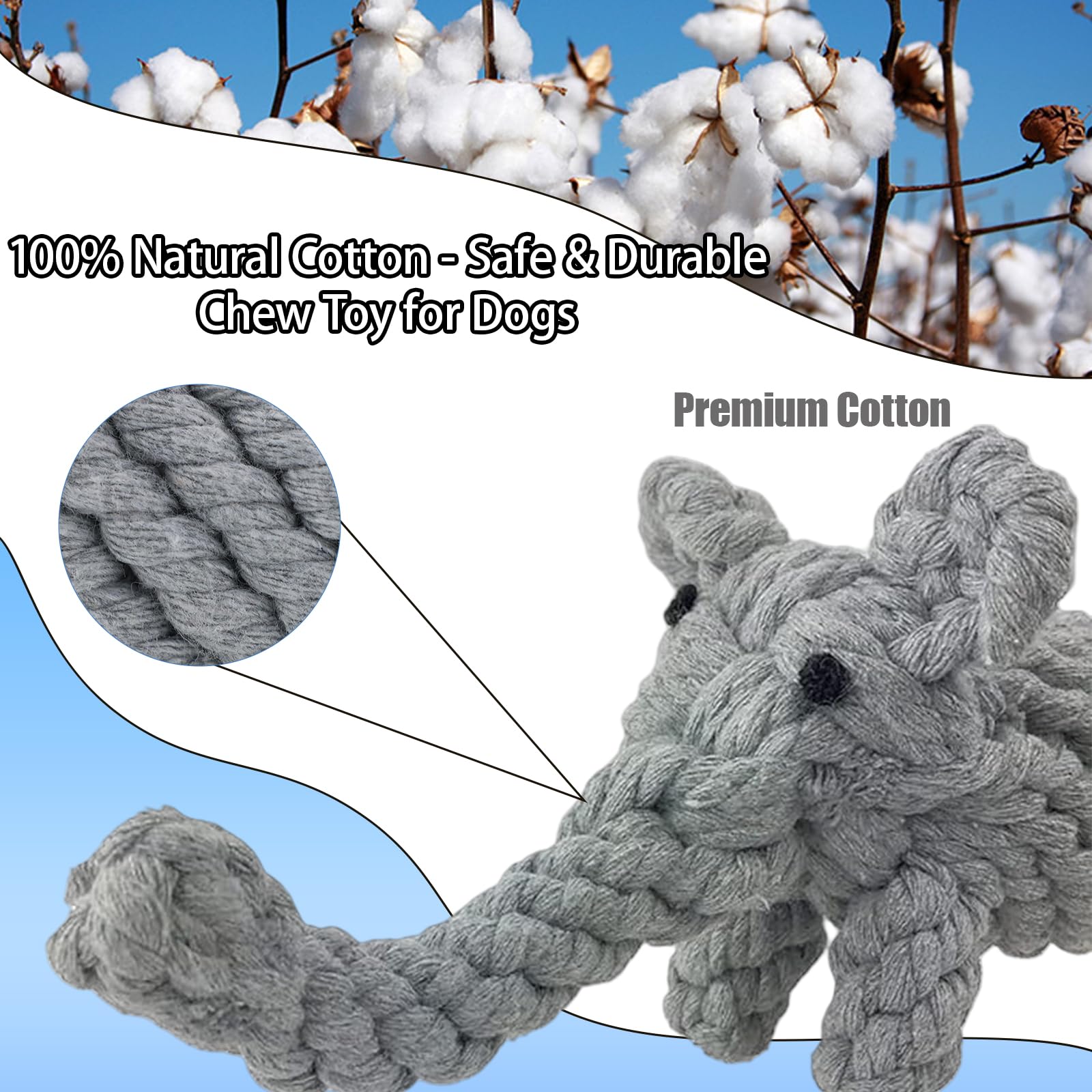 ADUCK Elephant-design rope toy closeup highlights strong cotton fibers for gum massage and safe chewing.
