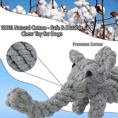 ADUCK Elephant-design rope toy closeup highlights strong cotton fibers for gum massage and safe chewing.