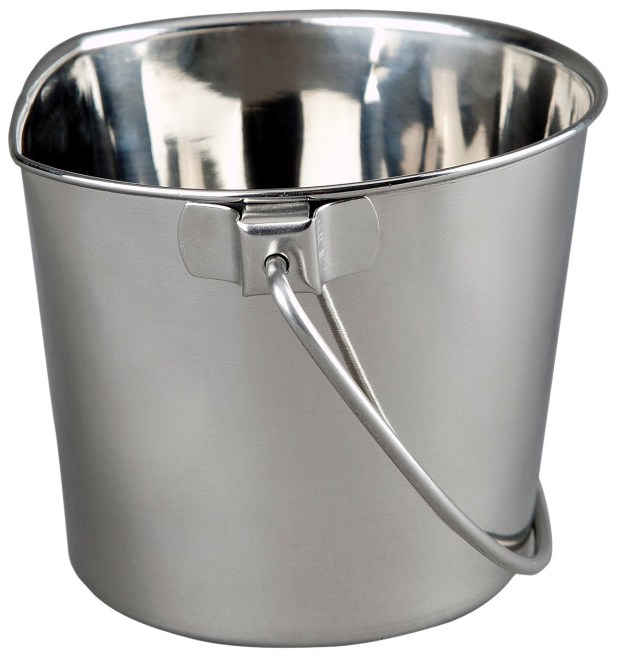 Advance PET Products 6Qt flat-side bucket hanging on a kennel reduces spills.