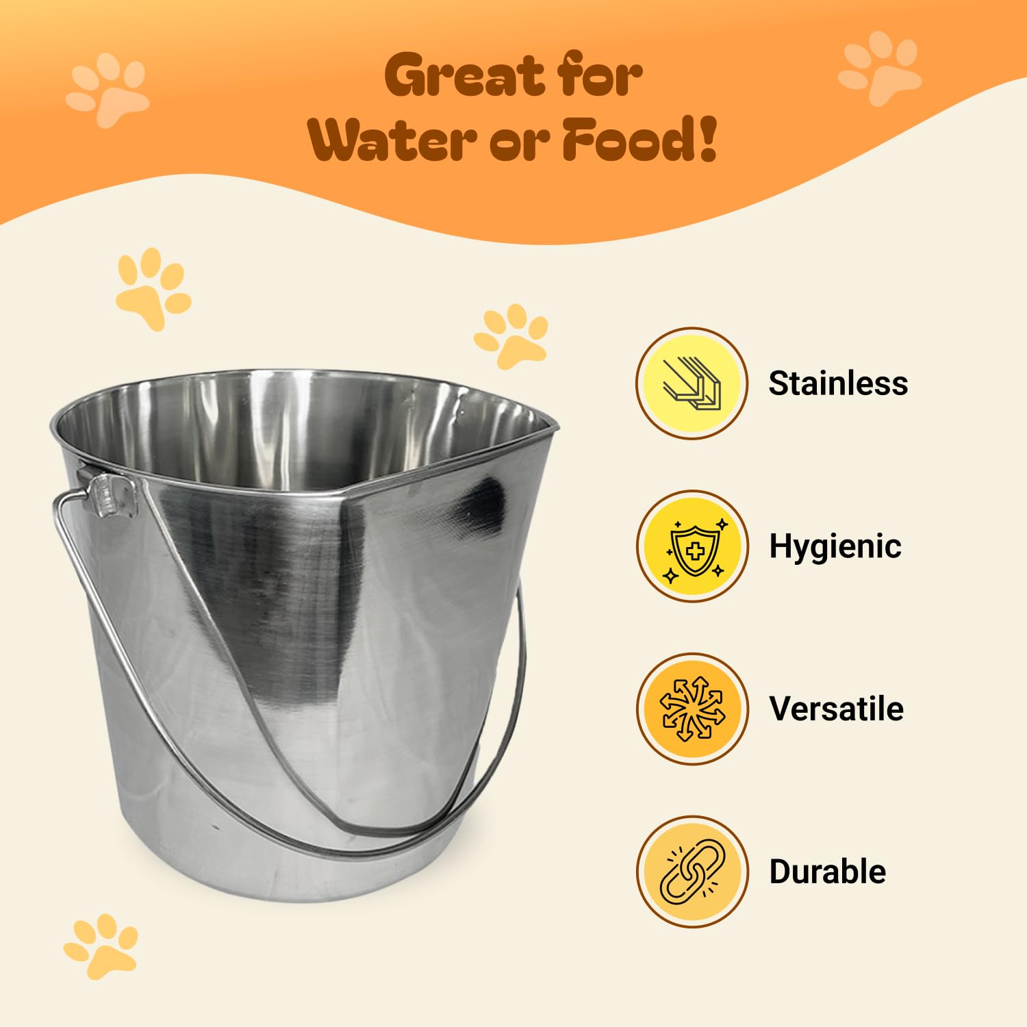 Advance PET Products heavy-duty stainless steel bucket closeup shows rust resistance.