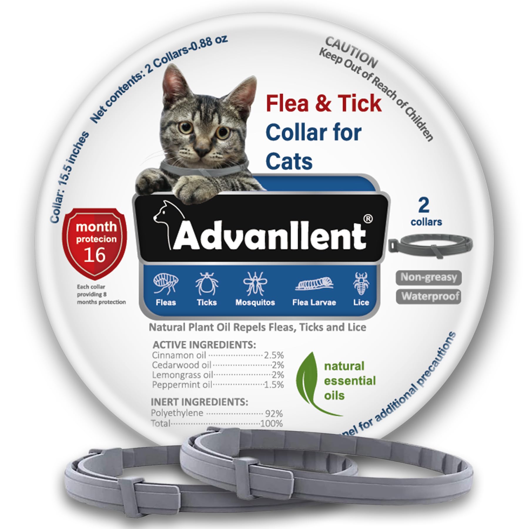 Advanllent flea collar cat closeup demonstrates natural oils aiding flea and tick prevention.