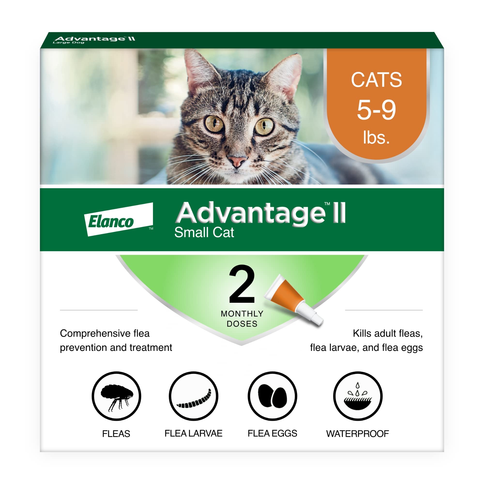 Advantage II Small Cat tube-on-neck-application shows quick, convenient flea protection for 5-9 lb cats.