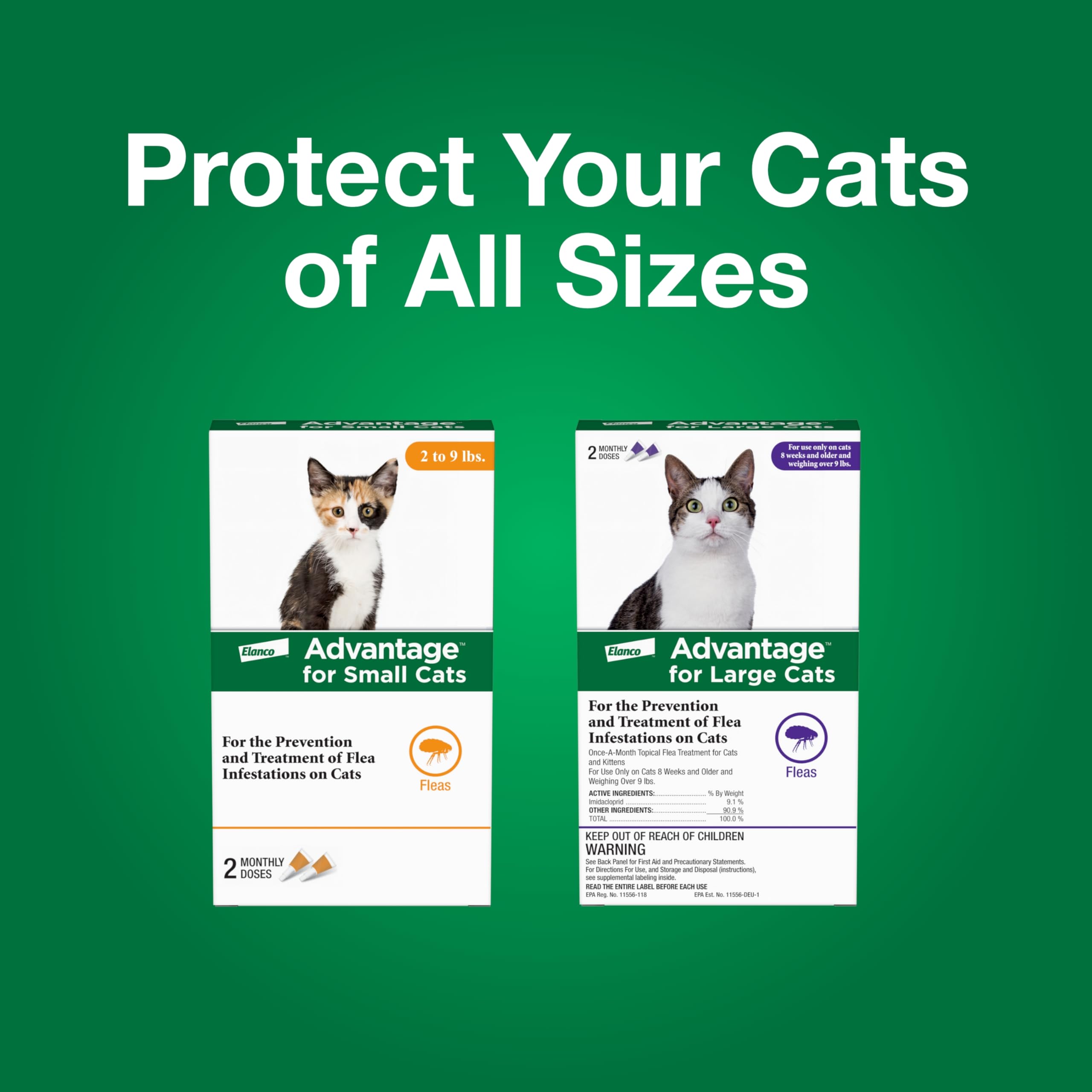Advantage large-cat eligibility banner notes cats over 9 lbs can use this treatment.